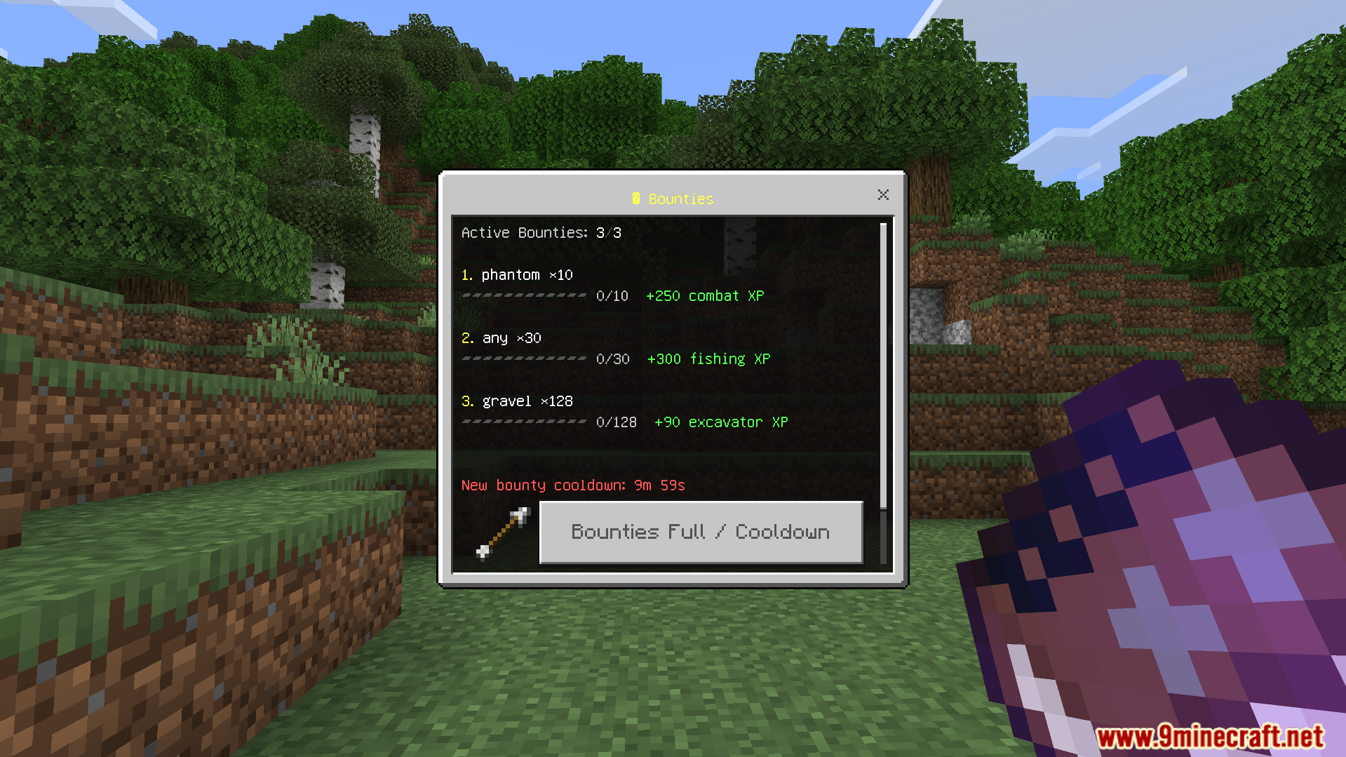 The active bounties menu displays tasks for killing phantoms and collecting gravel