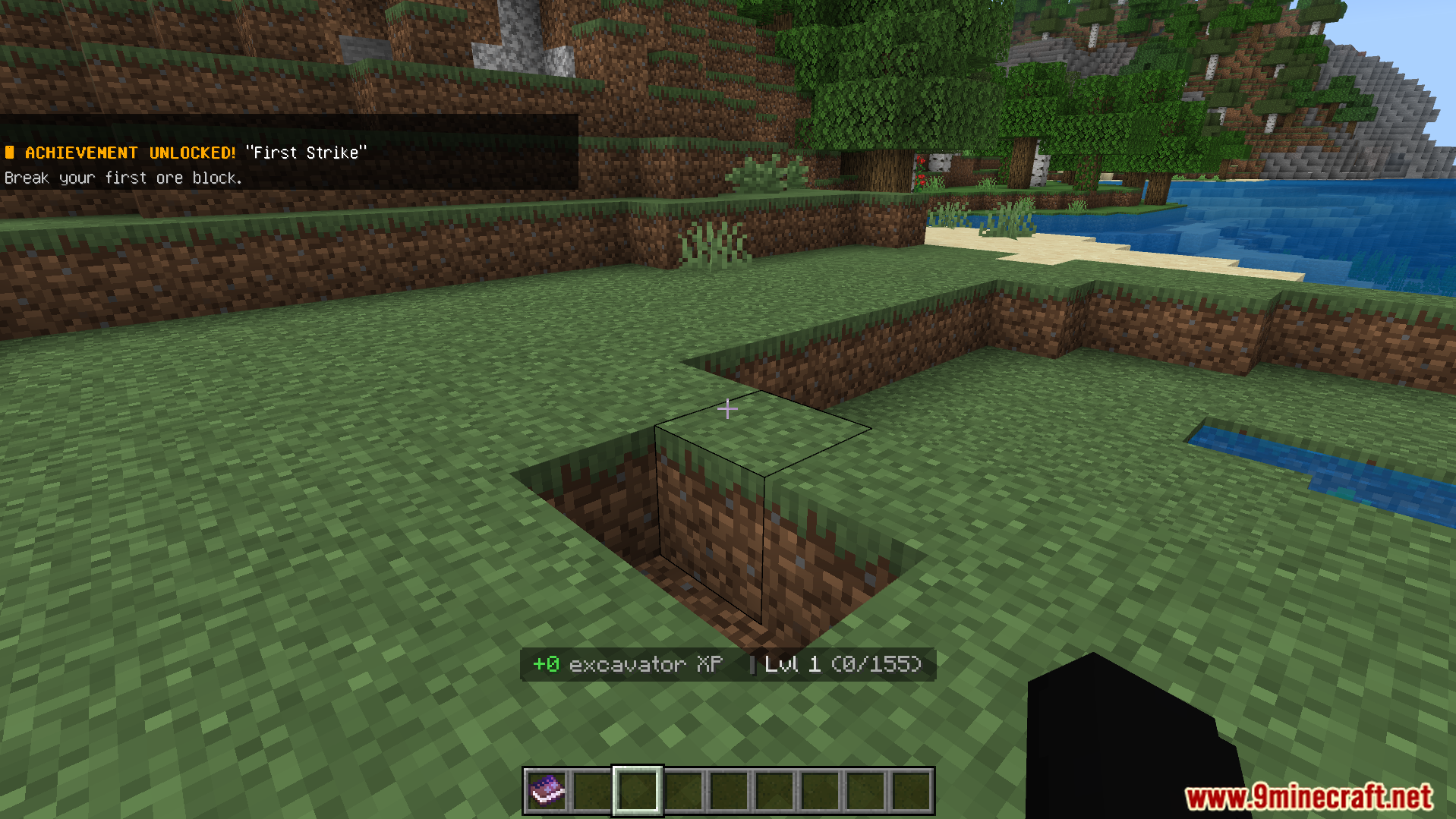 Player digging dirt to gain excavator experience points and unlock skill perks