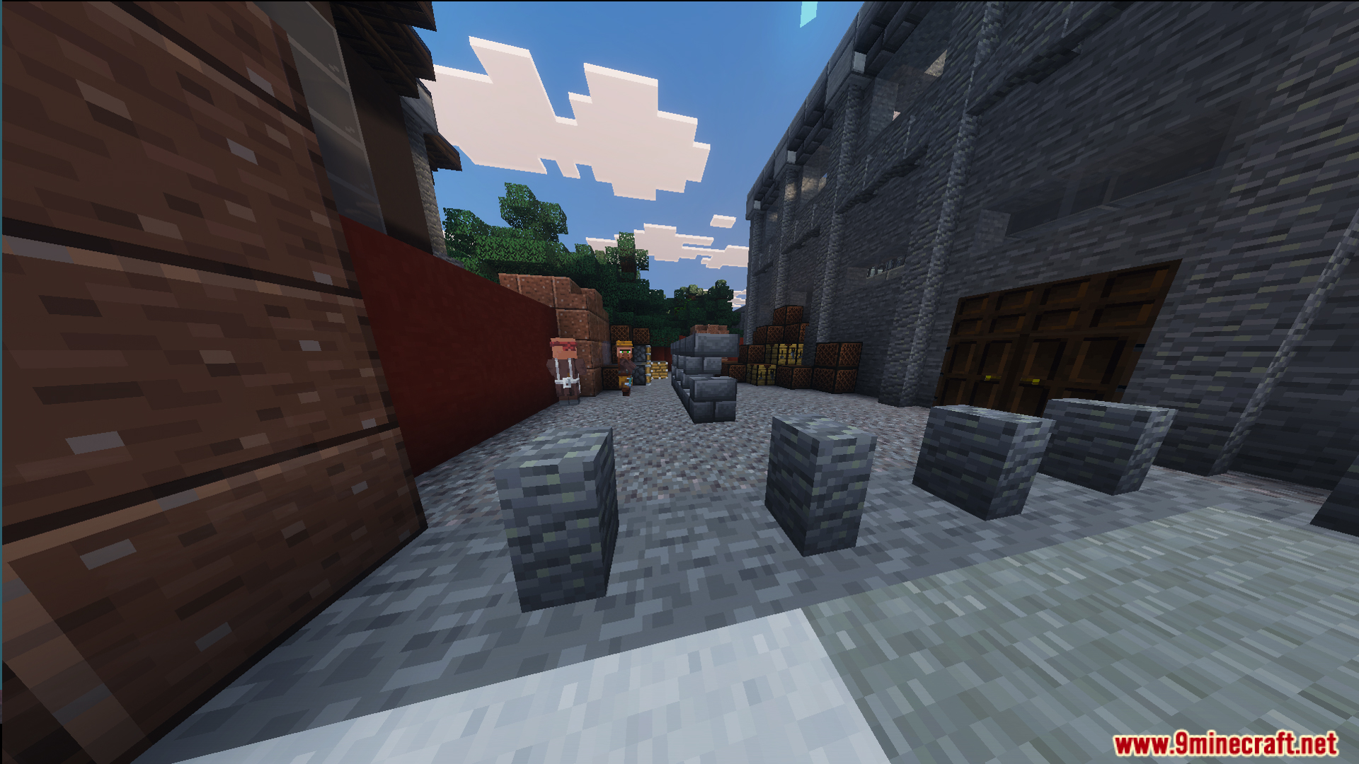 Russ Big City Reborn Map Screenshot 8 Villagers standing in a quiet courtyard near old apartments and stone walls