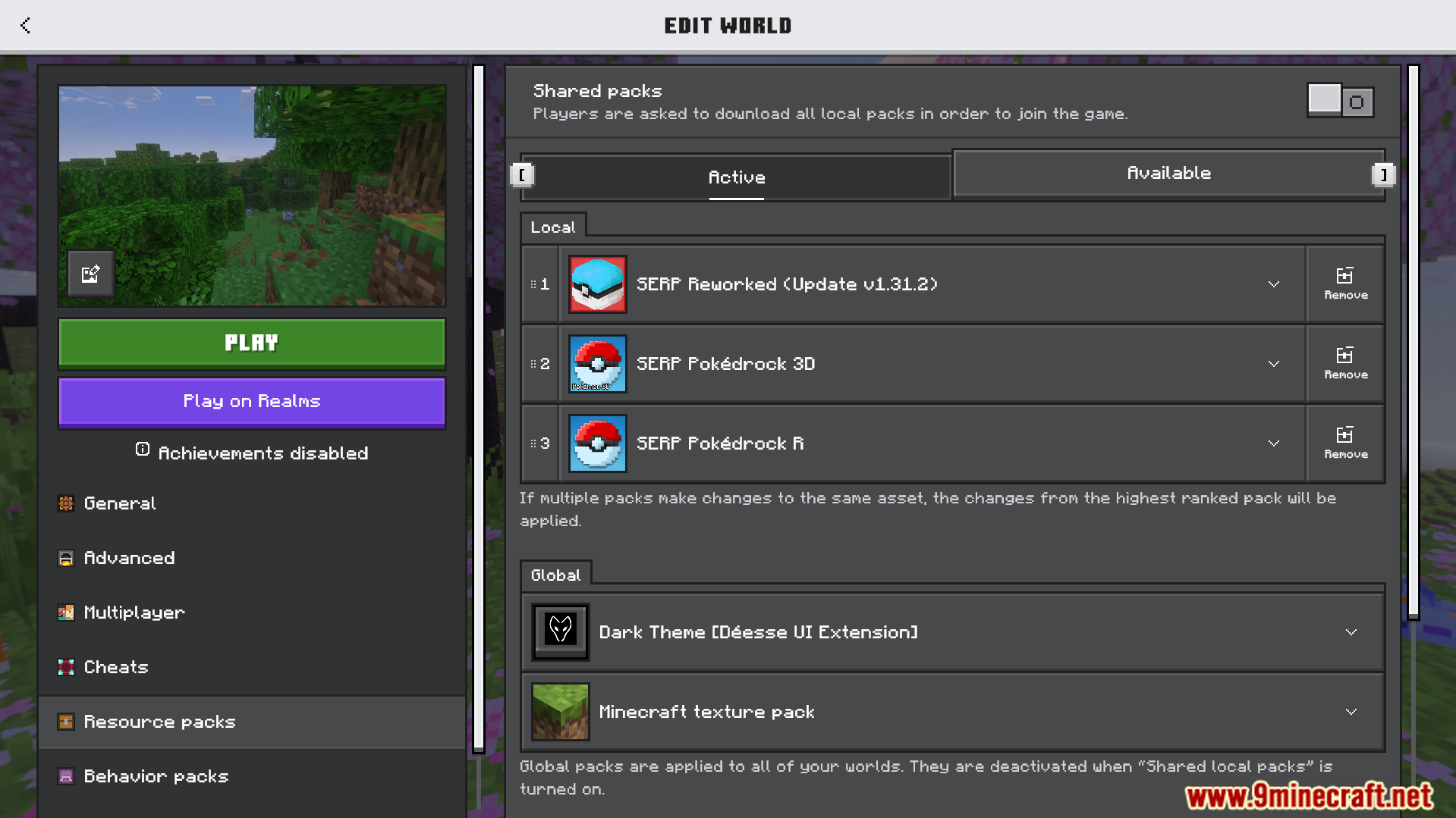 SERP Reworked Texture Pack Screenshot 1 Minecraft edit world screen showing active SERP Reworked and Pokedrock resource packs