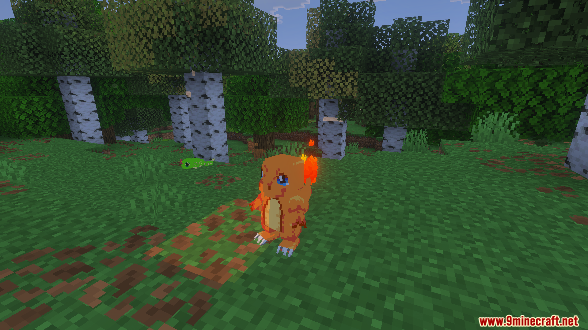 SERP Reworked Texture Pack Screenshot 2 A Charmander and a Caterpie standing in a birch forest in Minecraft