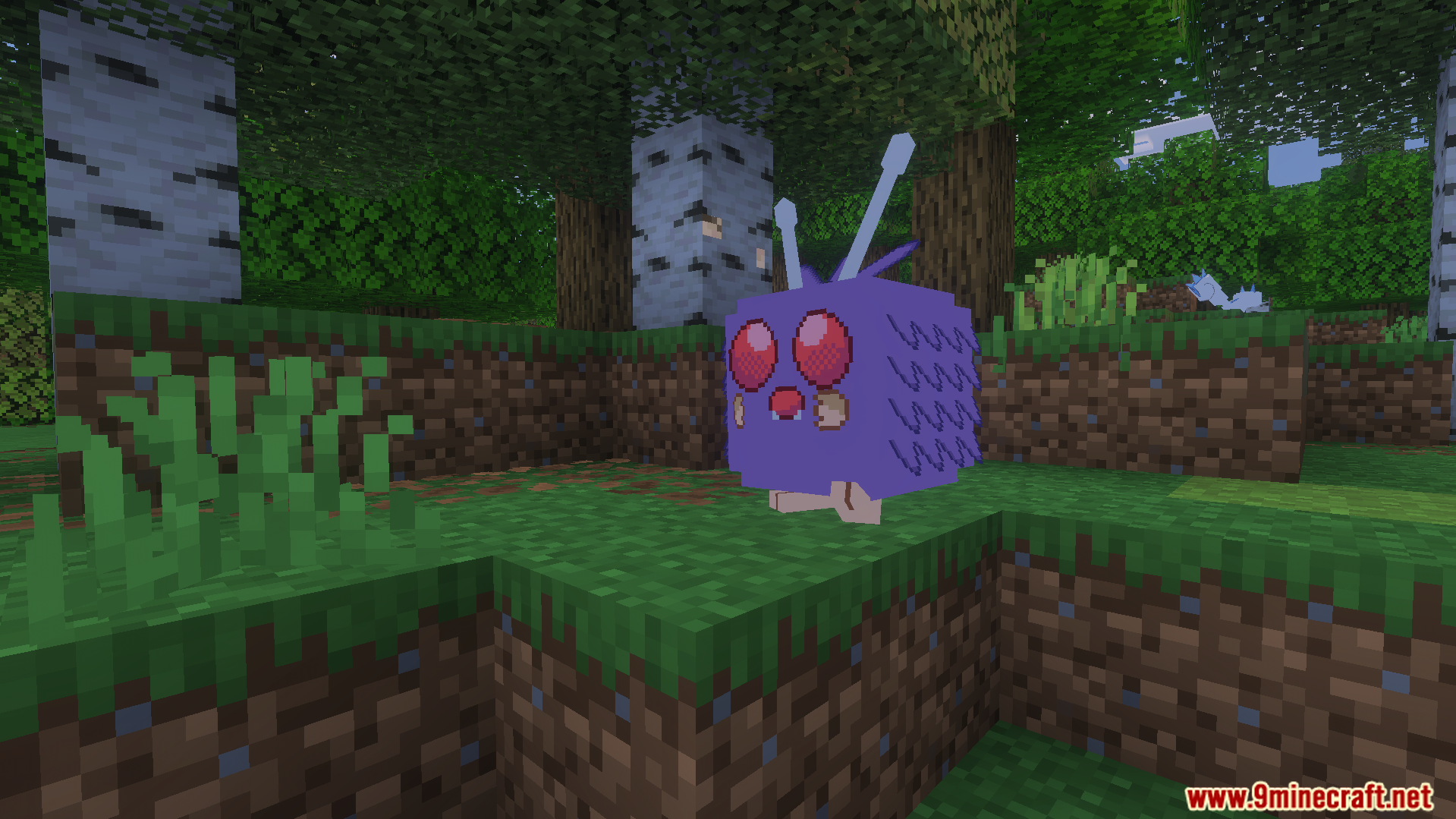 SERP Reworked Texture Pack Screenshot 4 A detailed Venonat model standing on grass in a birch forest environment