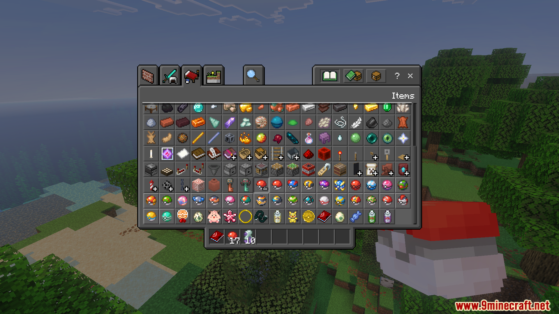 SERP Reworked Texture Pack Screenshot 6 Minecraft creative inventory items tab displaying various custom Pokeballs and Mega Stones