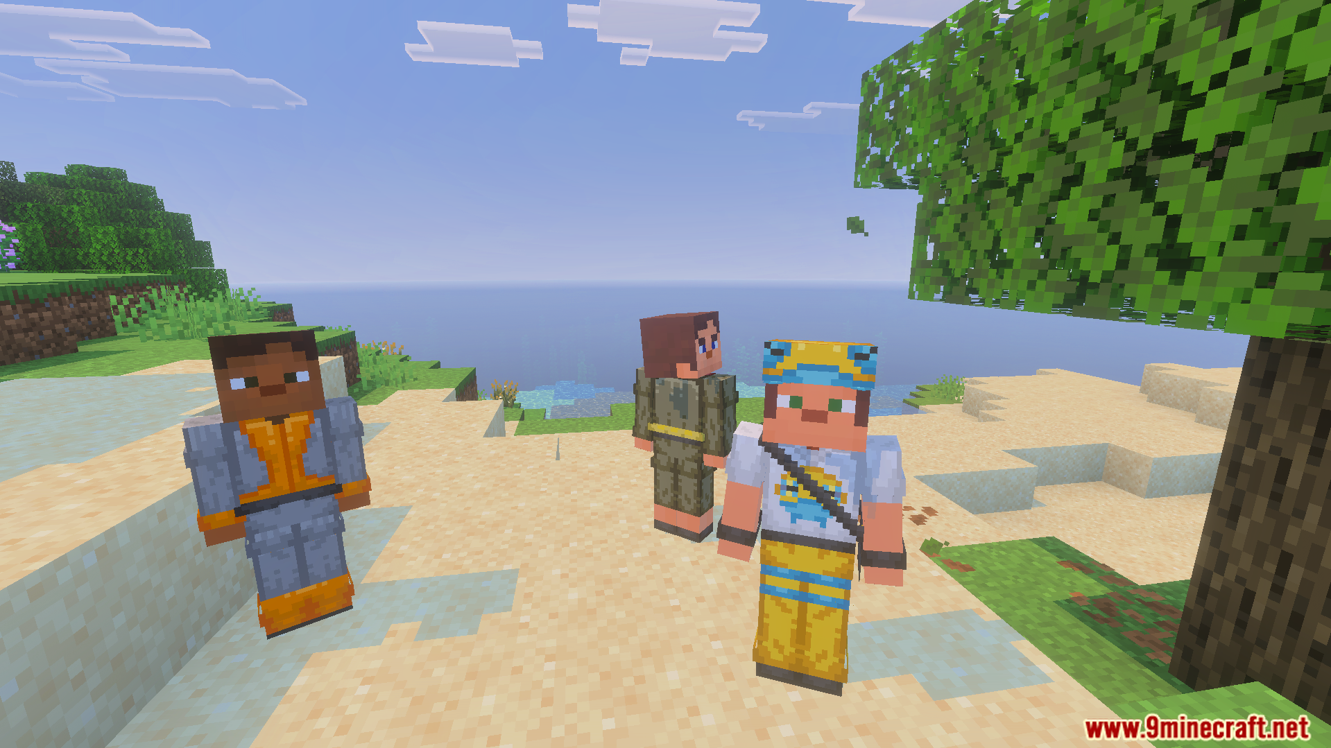 SERP Reworked Texture Pack Screenshot 7 Three players wearing custom trainer skins standing on a beach in Minecraft