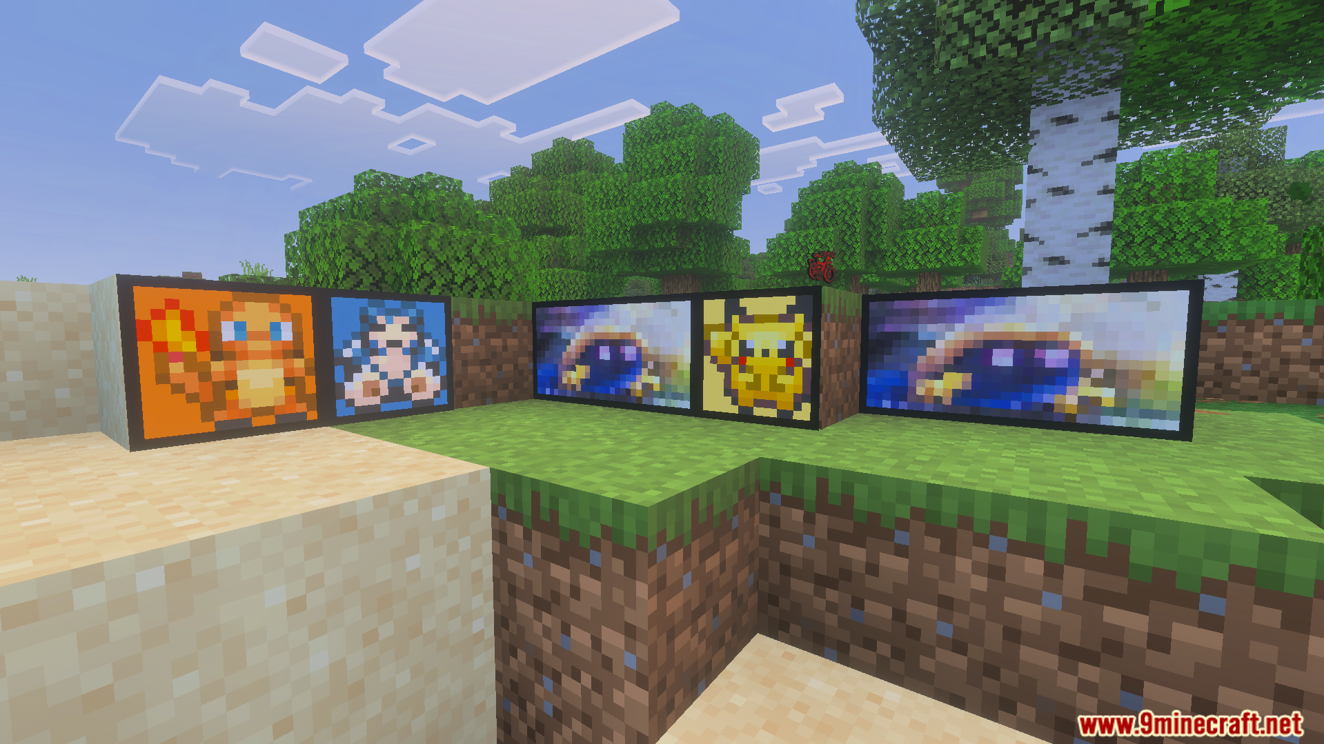SERP Reworked Texture Pack Screenshot 9 Various Pokemon themed paintings placed on grass blocks in a Minecraft world