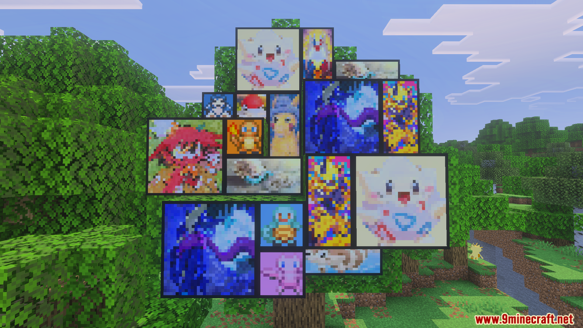 SERP Reworked Texture Pack Screenshot 10 Multiple custom pixel art paintings of Pokemon attached to a leafy tree