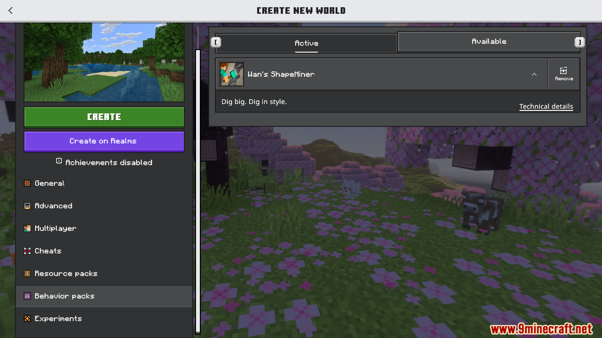 ShapeMiner Addon Screenshot 1 Menu screen showing active behavior pack for digging big in style