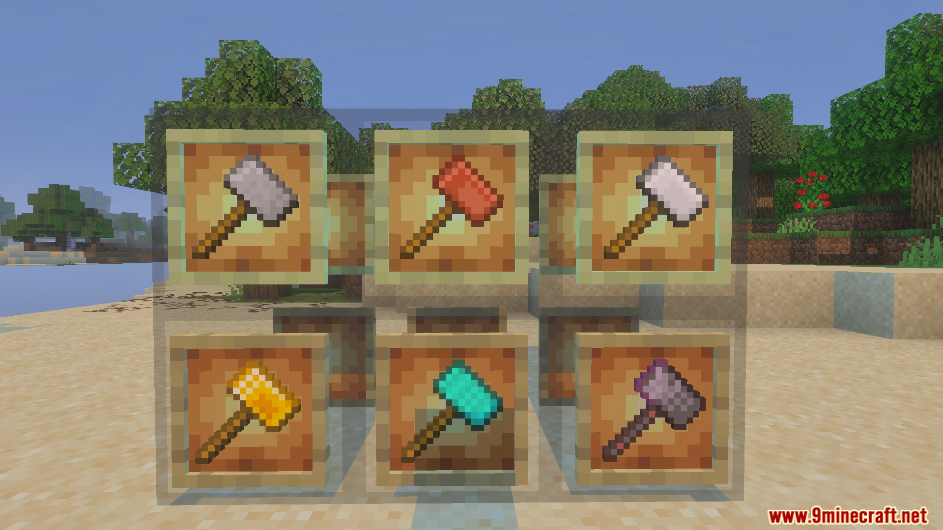 ShapeMiner Addon Screenshot 2 Six different colored hammers displayed in item frames on glass blocks
