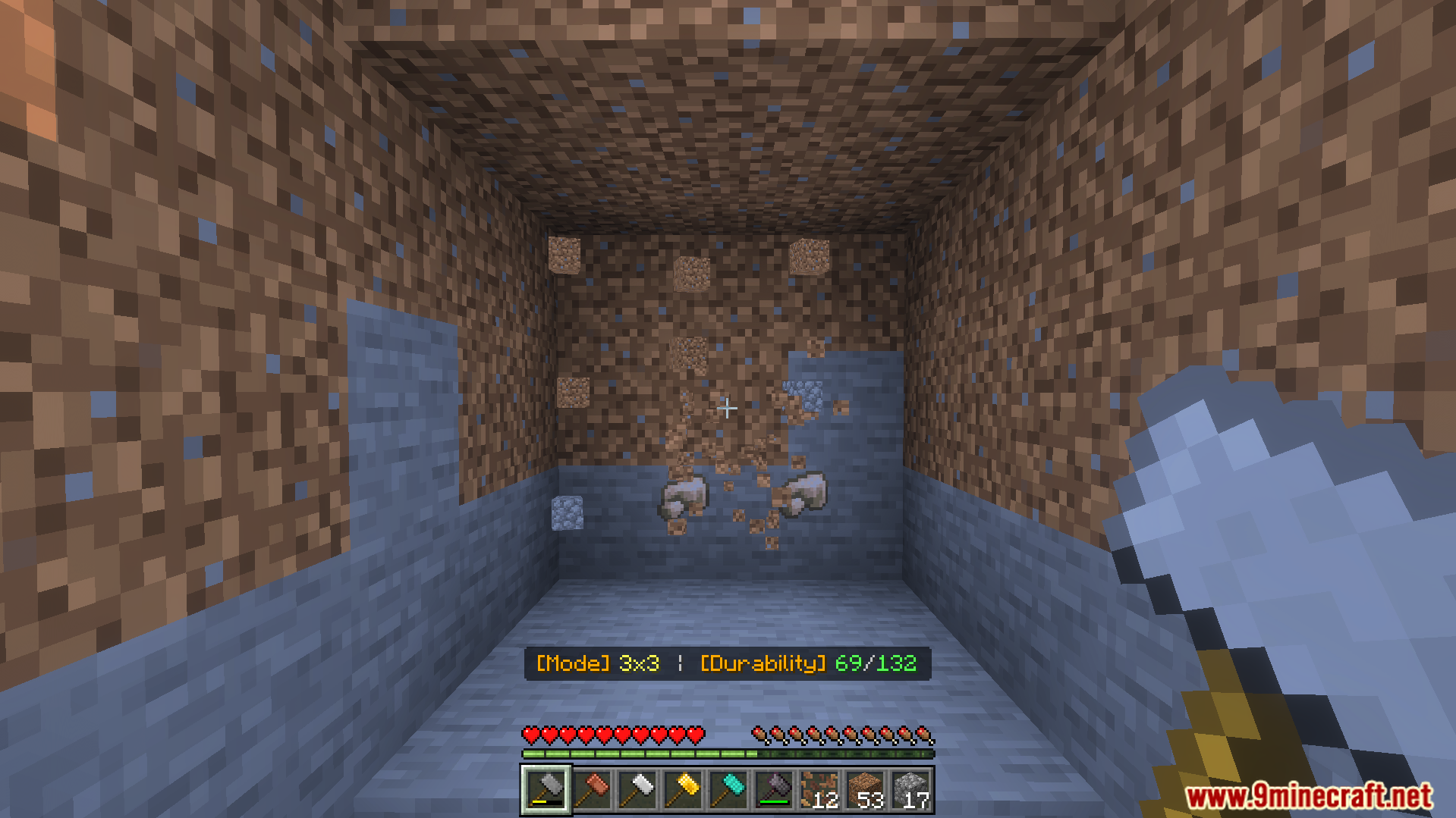 ShapeMiner Addon Screenshot 6 Breaking a three by three area of dirt blocks