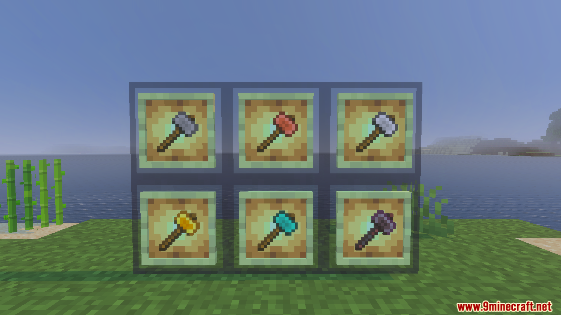 six new hammer types including copper and netherite displayed in item frames