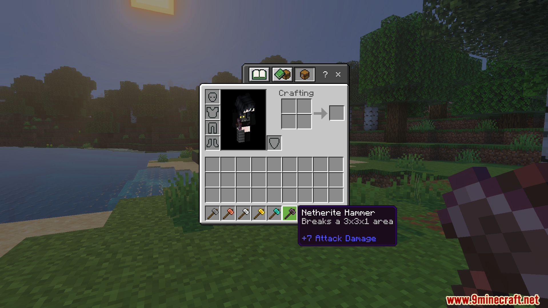 netherite hammer in player inventory showing it breaks a three by three area