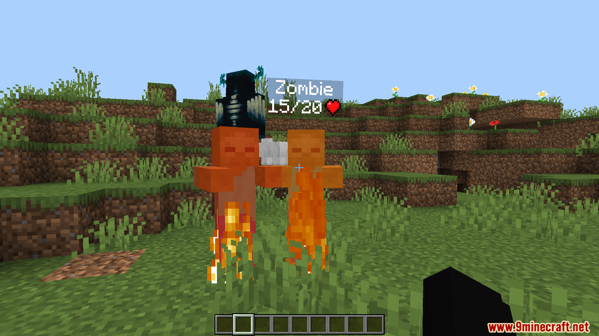Simple Health Indicator Addon Screenshot 4 Two burning zombies with floating health bars and red heart icons in Minecraft