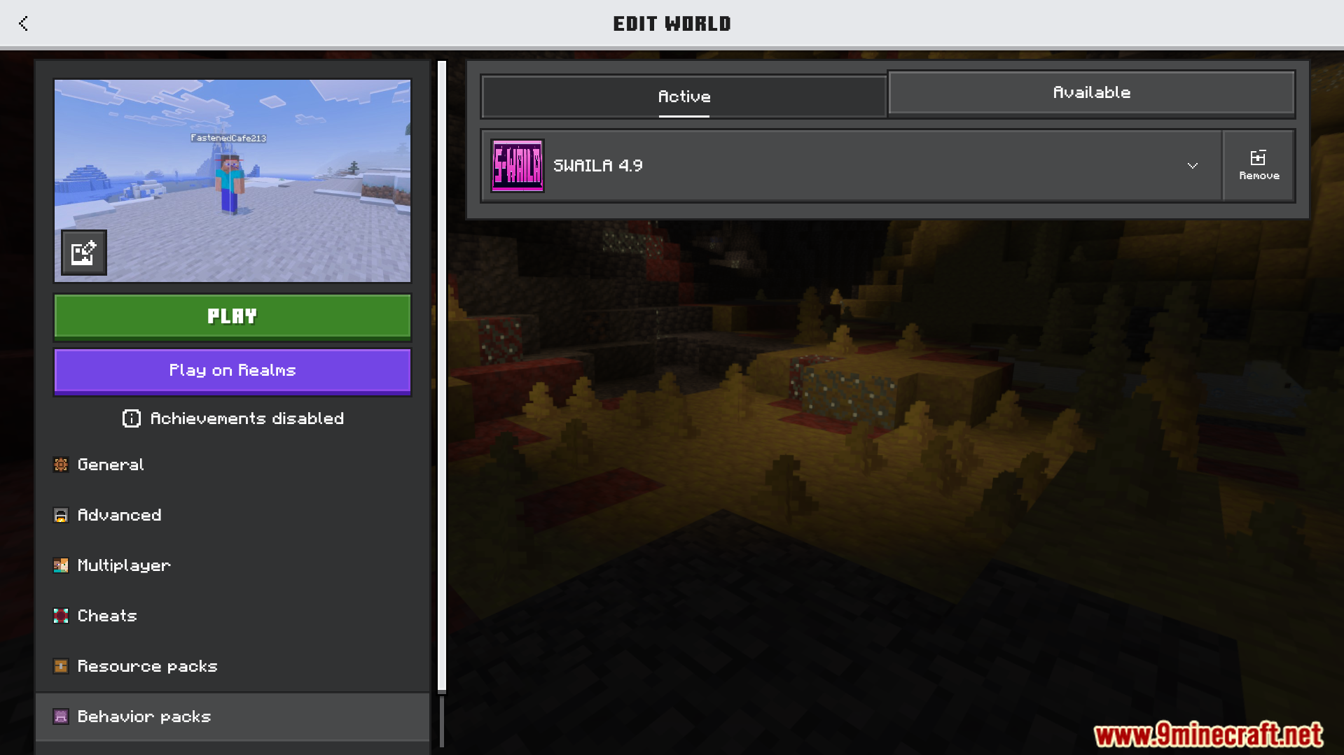 Simple What Am I Looking at Addon Screenshot 1 Minecraft world edit menu showing the SWAILA behavior pack is currently active