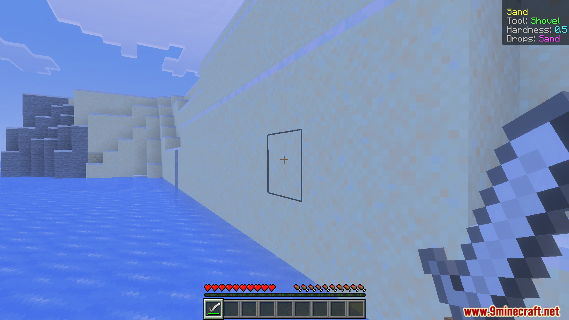 Simple What Am I Looking at Addon Screenshot 8 Screen display showing sand block hardness and required tool for mining in Minecraft