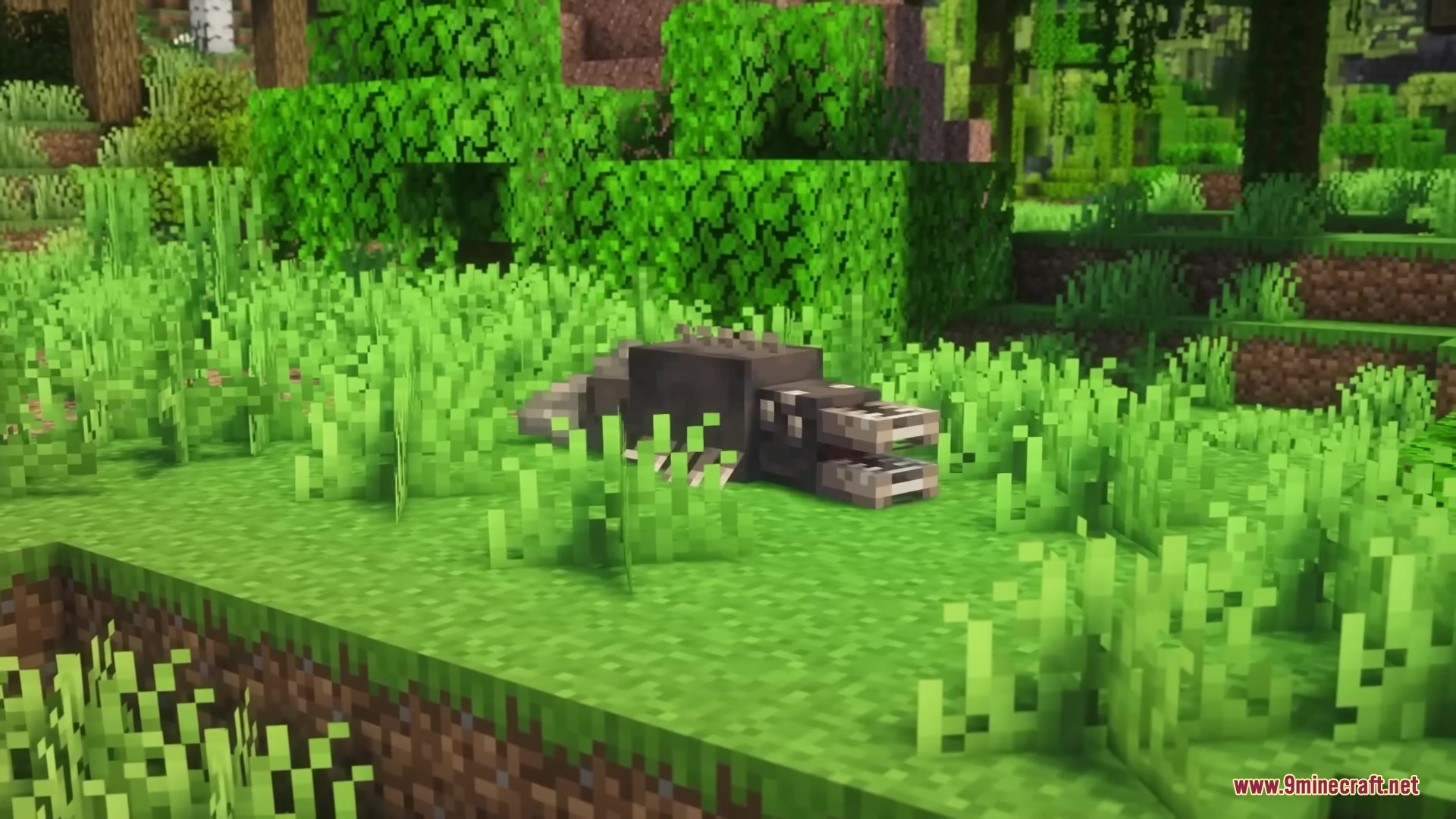 Skarrier Mobs Mod Screenshot 6 A dangerous dark beast with sharp teeth crawls through the green jungle grass