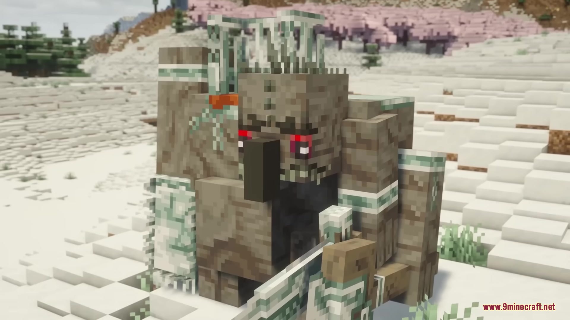 Skarrier Mobs Mod Screenshot 7 A massive stone Breacher mob with glowing red eyes in a snowy landscape