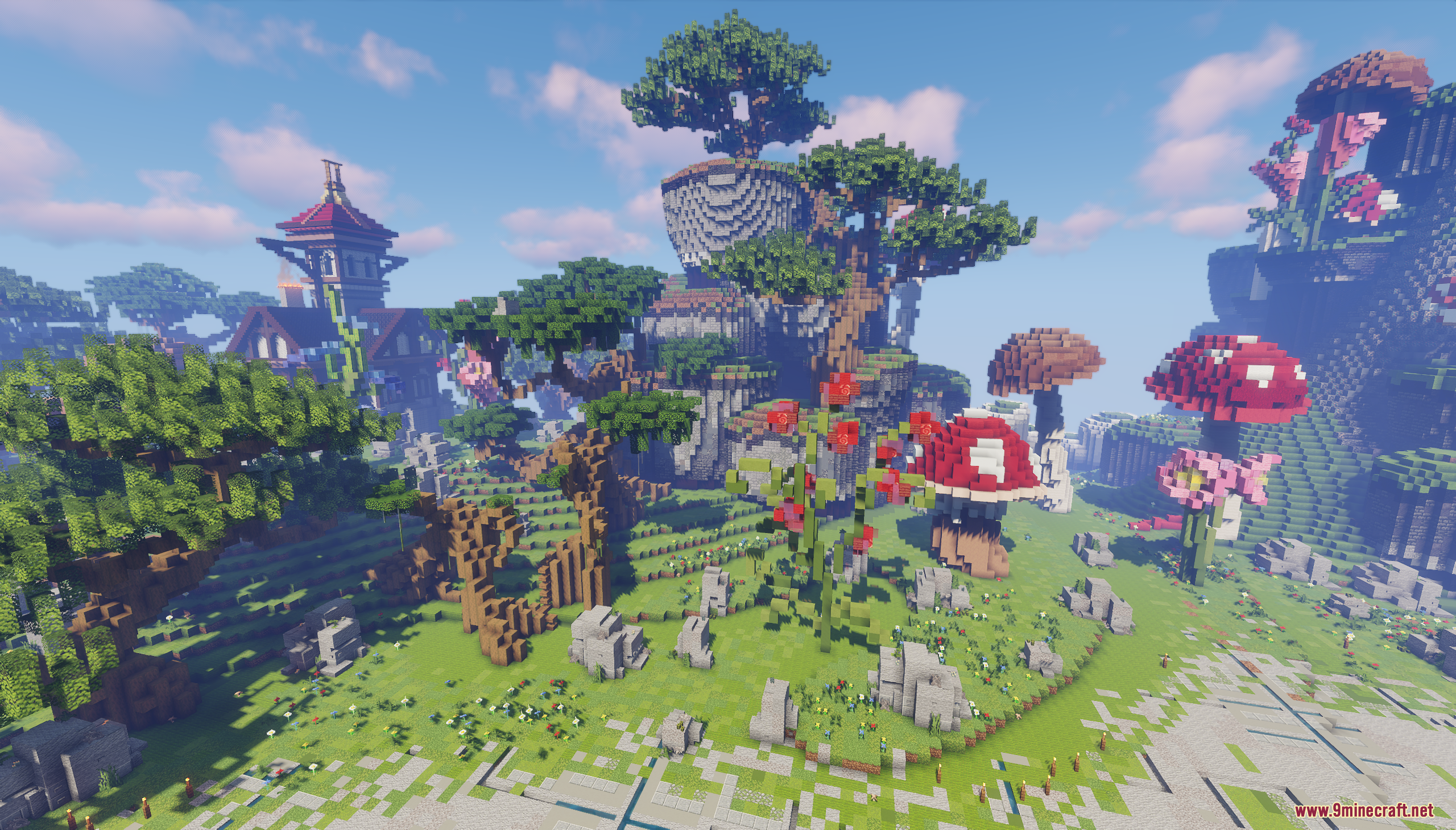 Skyblock RPG Hub Map Screenshot 1 A vibrant Minecraft landscape featuring giant mushrooms and custom trees under a blue sky