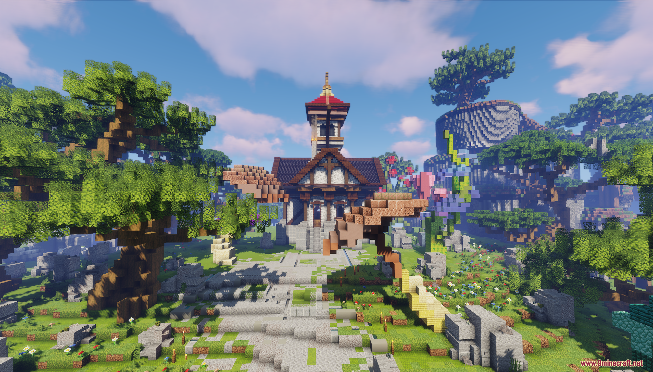 Skyblock RPG Hub Map Screenshot 3 A central RPG hub building with a tall tower and custom trees