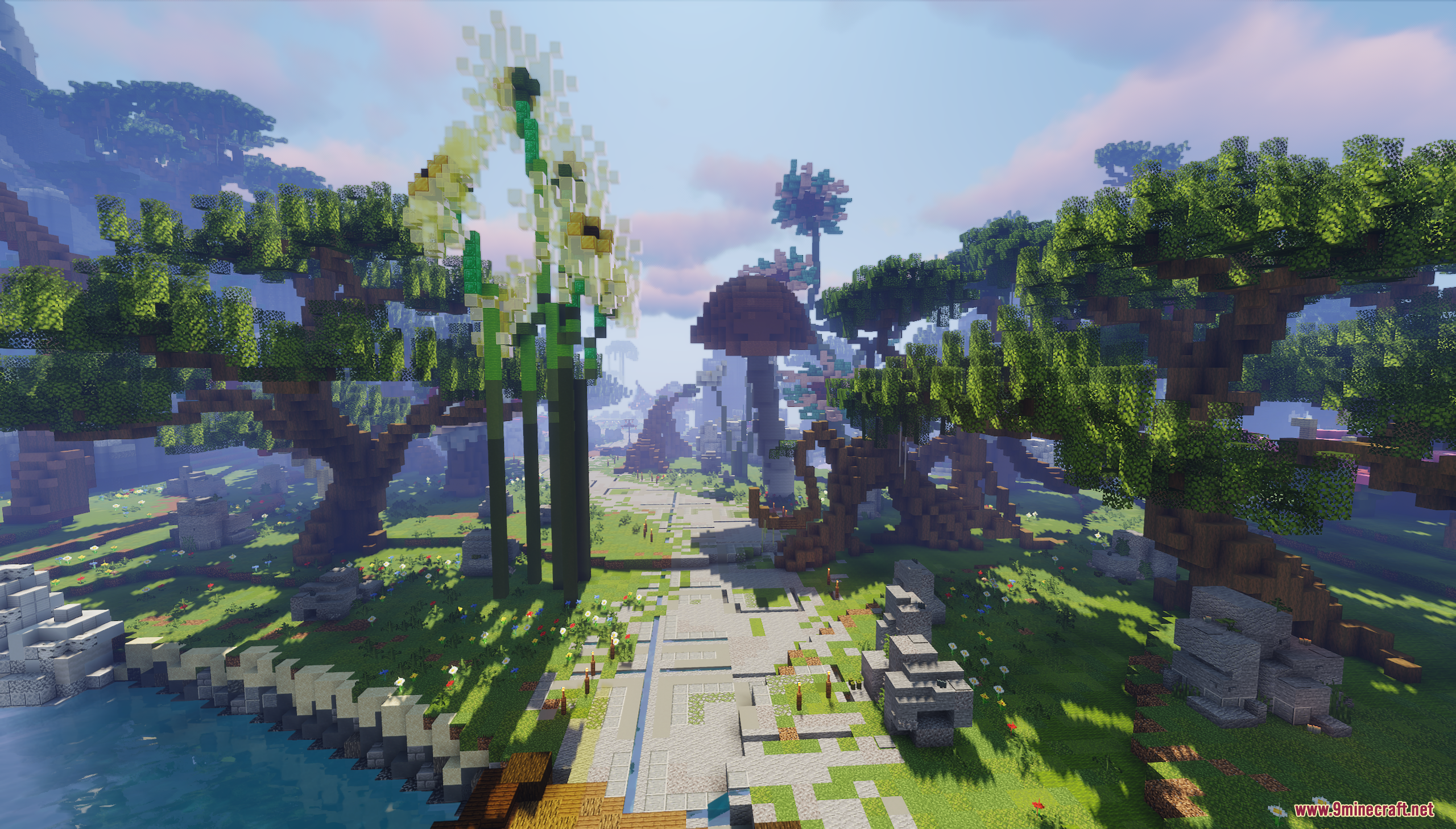 Skyblock RPG Hub Map Screenshot 4 Scenic stone path winding through a forest with giant flowers and mushrooms