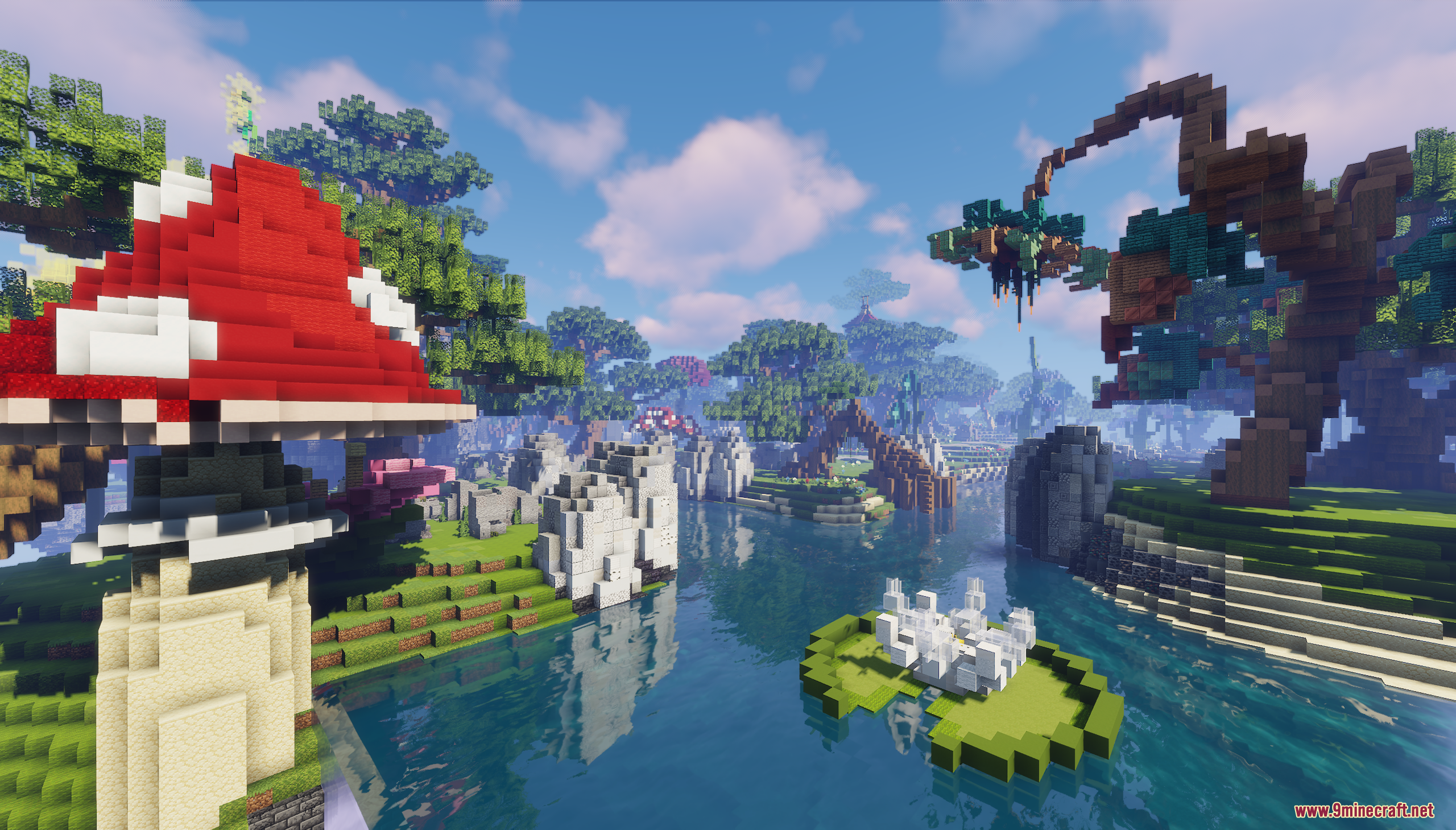 Skyblock RPG Hub Map Screenshot 5 A giant red mushroom stands beside a river with a white lily flower