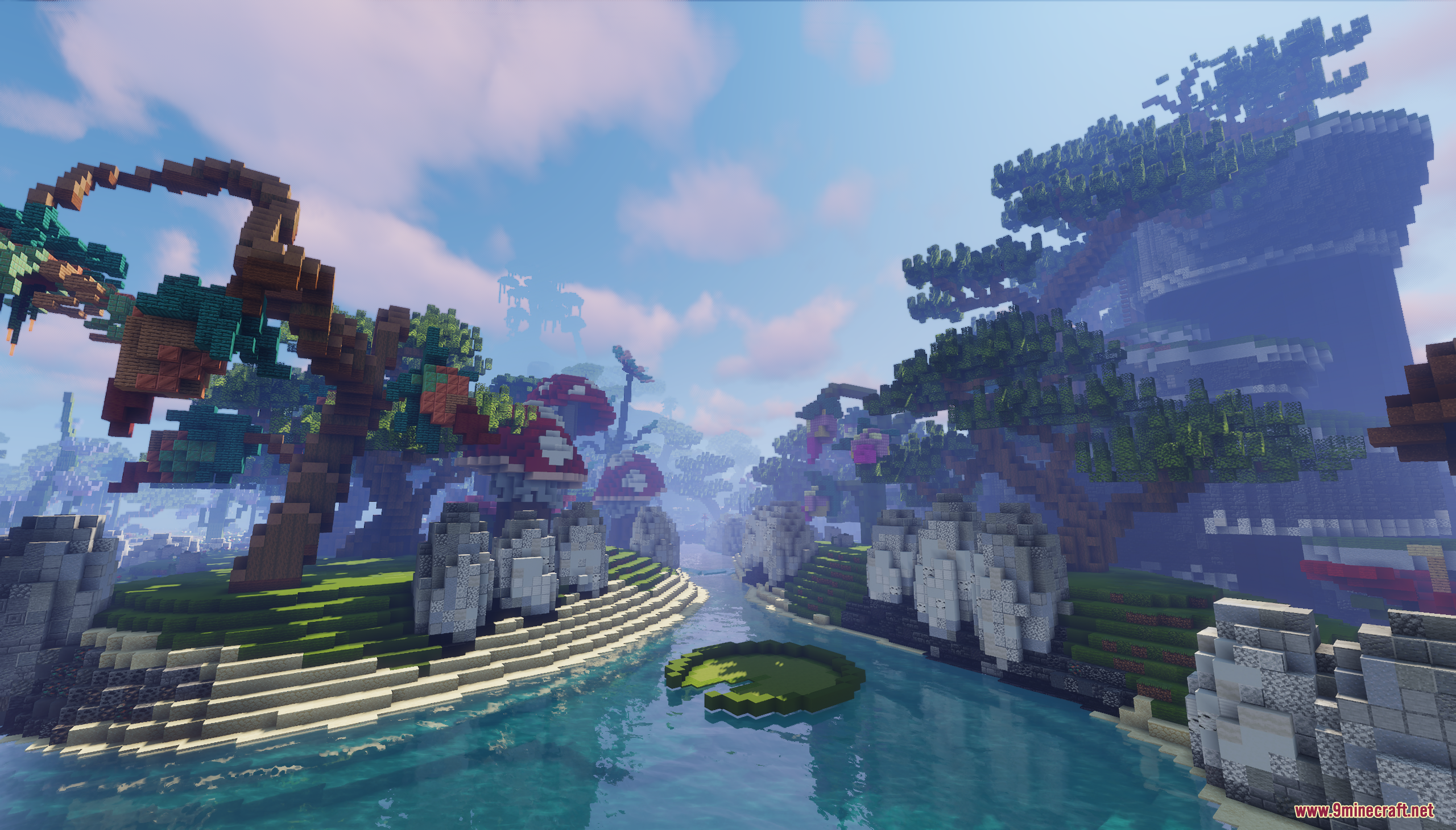 Skyblock RPG Hub Map Screenshot 6 A river flows through a scenic landscape with large custom trees and rocks