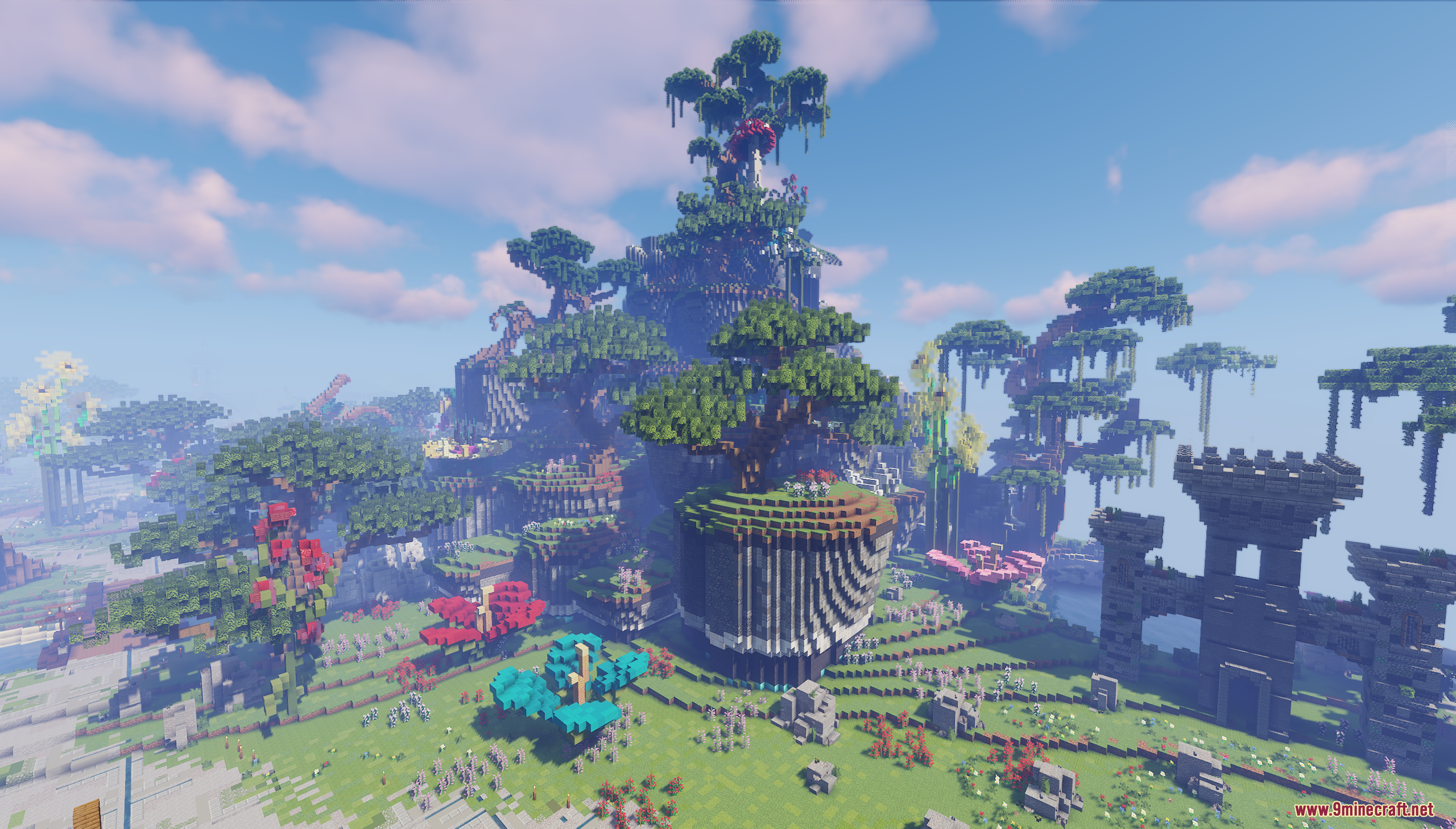 Skyblock RPG Hub Map Screenshot 10 A large custom tree on a stone platform overlooks a ruined castle structure