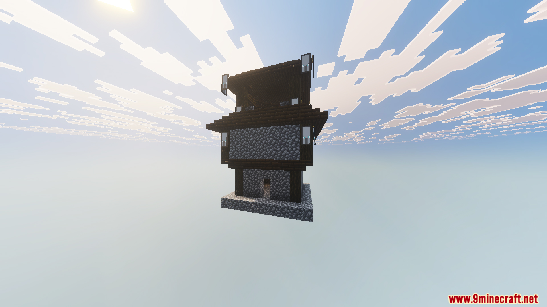 Skyblock Survival Void Island Challenge Map Screenshot 6 Custom pillager outpost structure made of cobblestone floating in the sky