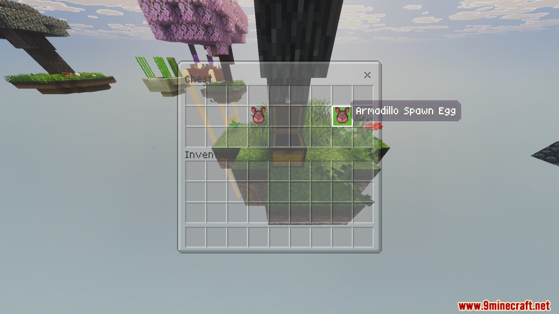 Skyblock Survival Void Island Challenge Map Screenshot 7 A chest inventory containing armadillo spawn eggs on a tiny floating island