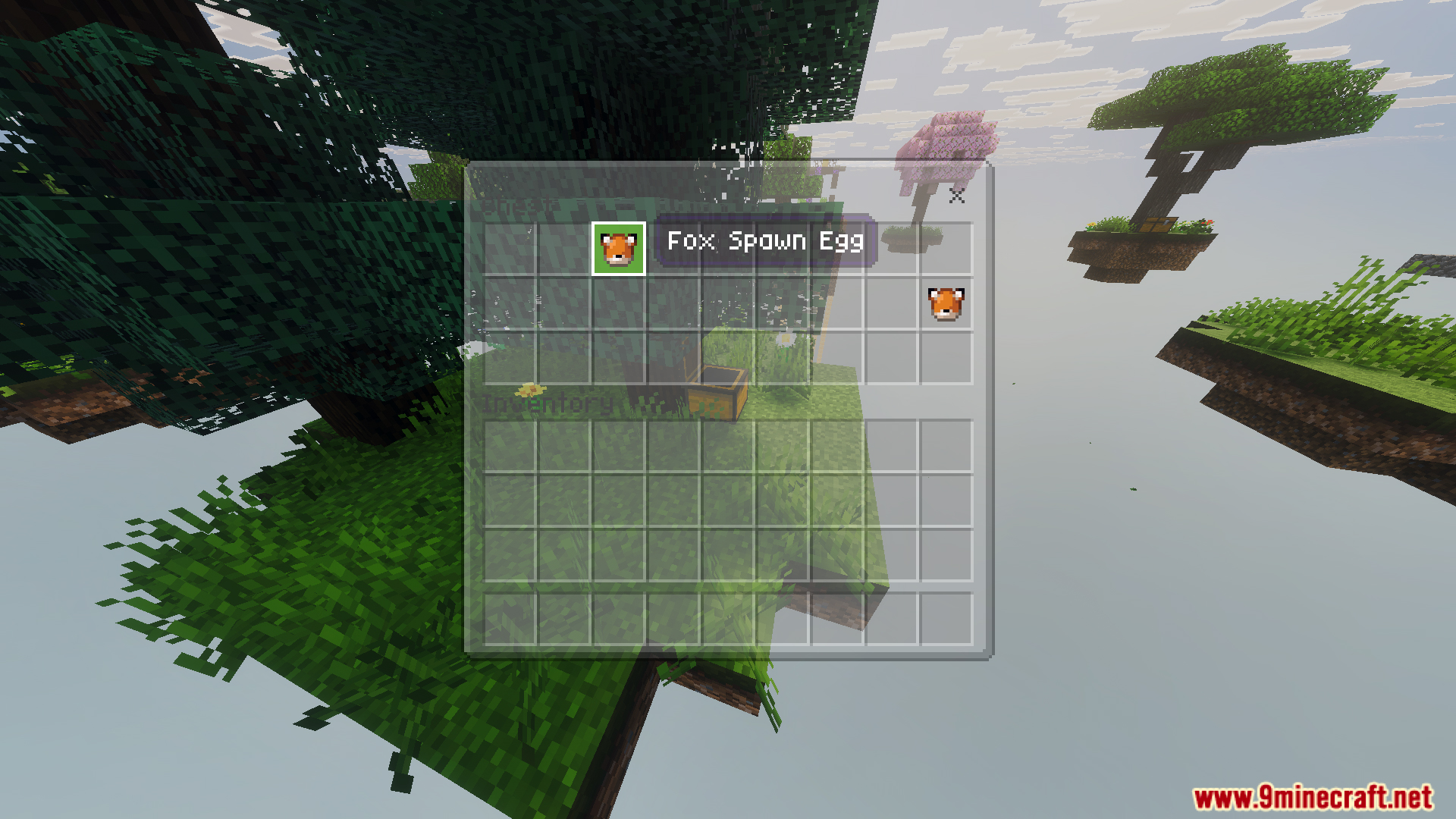 Skyblock Survival Void Island Challenge Map Screenshot 9 Inventory menu showing a fox spawn egg item over a void island