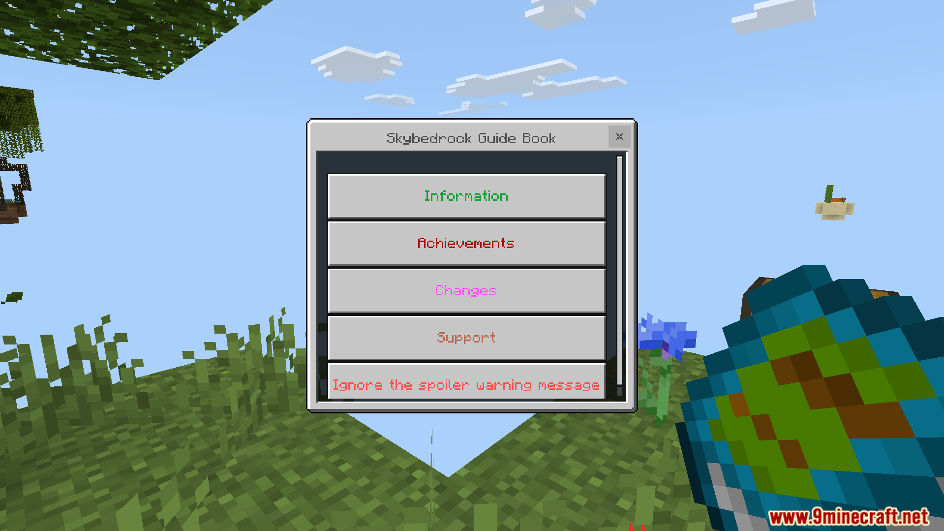 Skyblock V4 Map Screenshot 1 A custom guide book shows addon information and special features