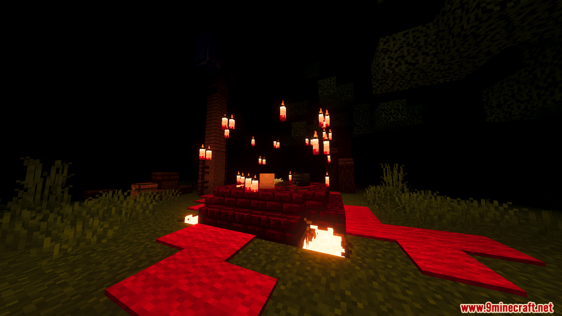 Slenderman Online Map Screenshot 4 Dark forest scene with red carpet fire and many floating red candles