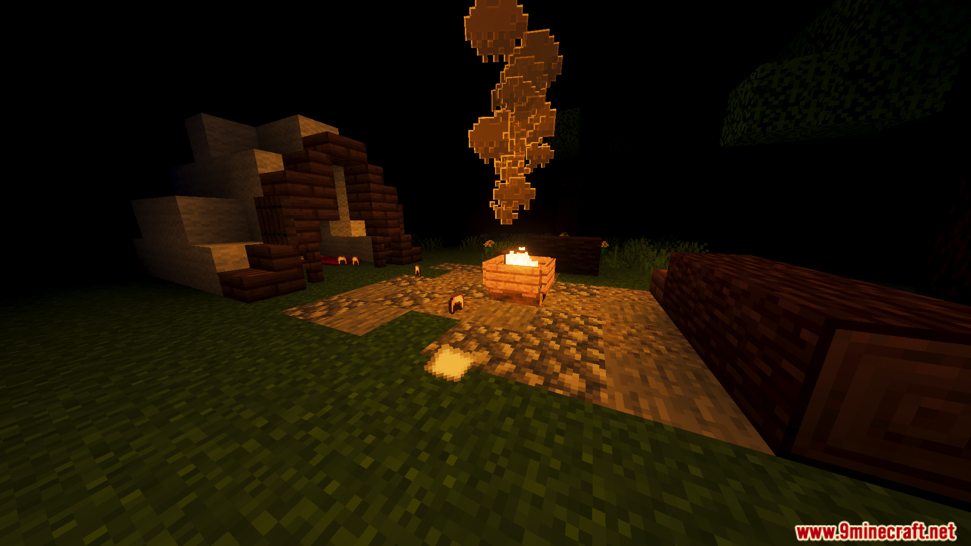 Slenderman Online Map Screenshot 8 A lit campfire with smoke next to a small wooden shelter structure