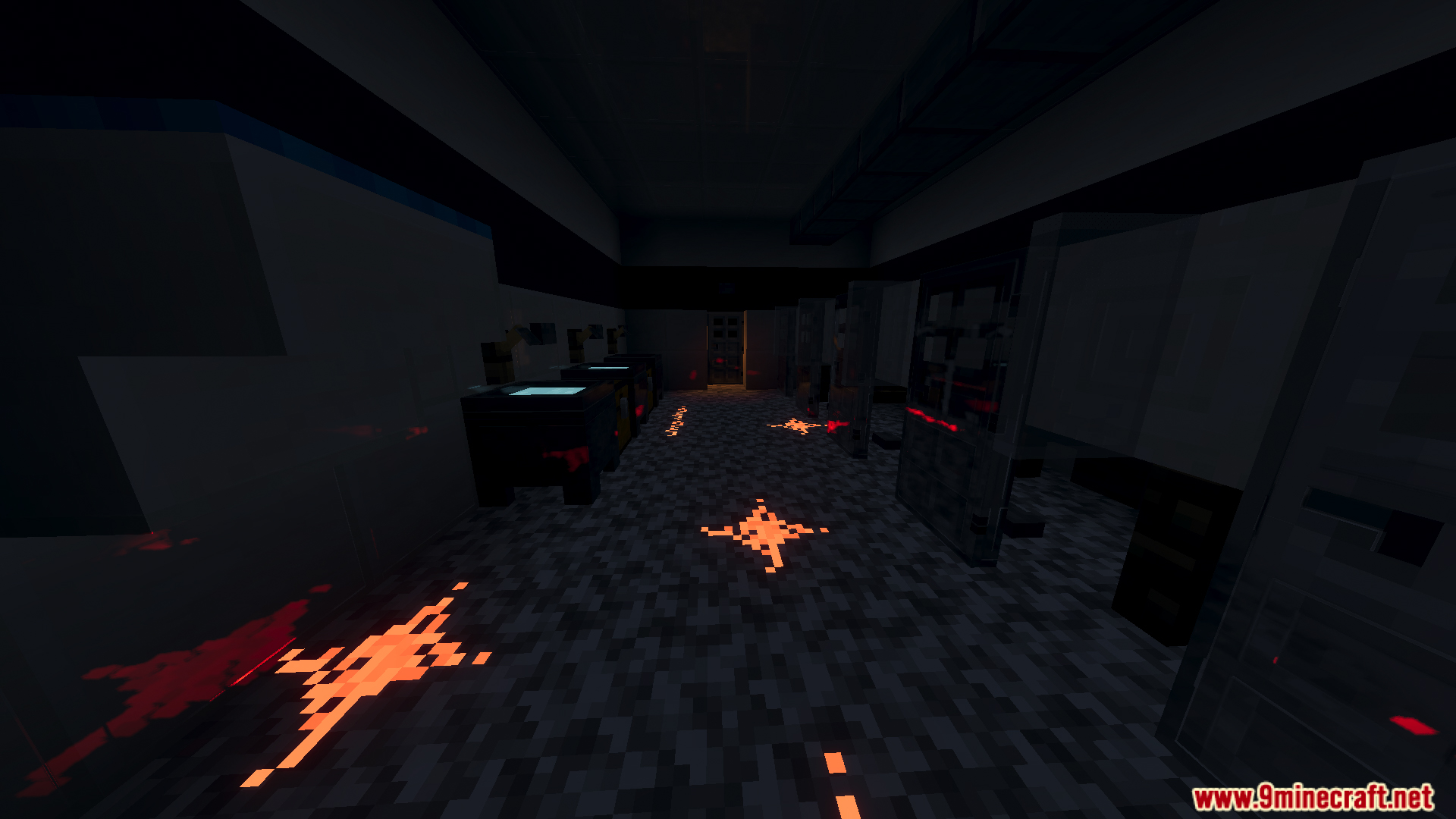 Slenderman Online Map Screenshot 9 Dark facility interior with glowing red symbols and blood stains on the floor