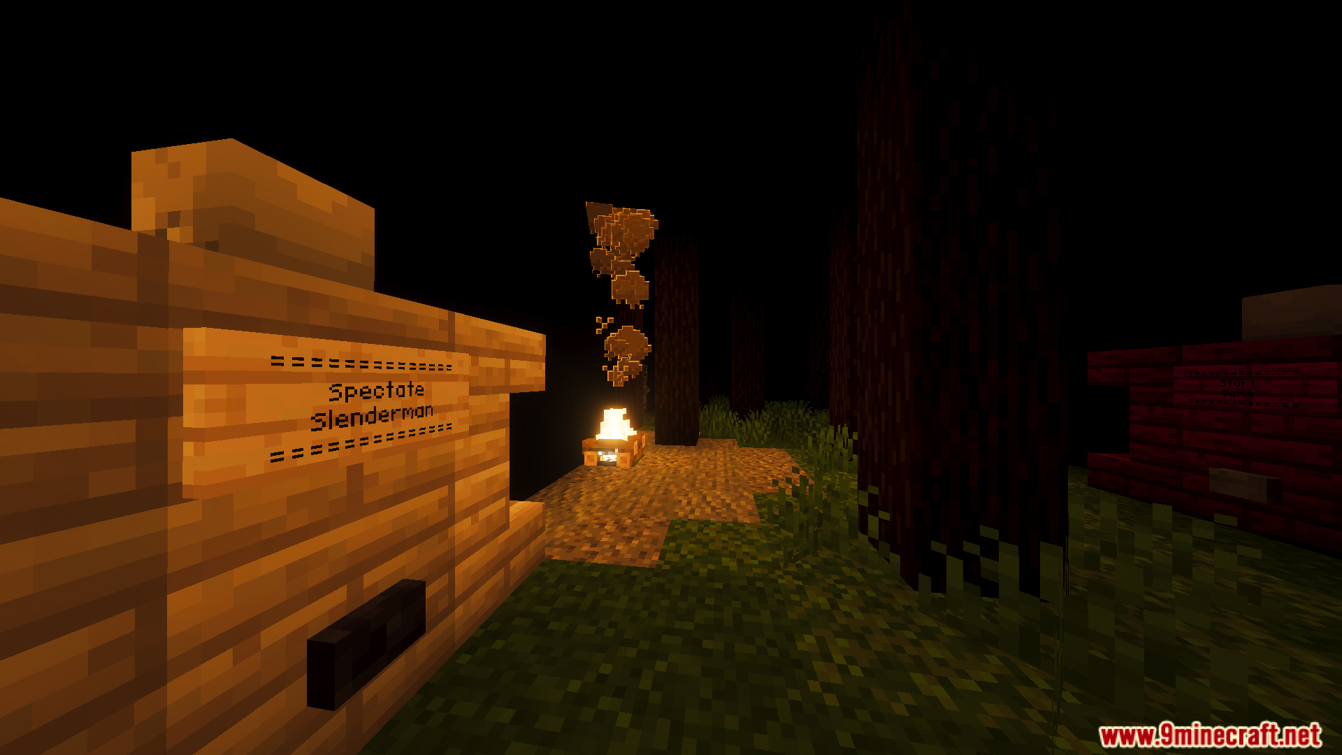 Slenderman Online Map Screenshot 13 A wooden sign with a button to spectate Slenderman in a dark forest