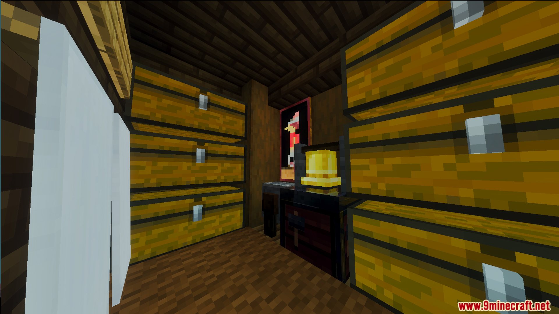 Cozy interior rooms decorated with useful storage chests for a survival journey start