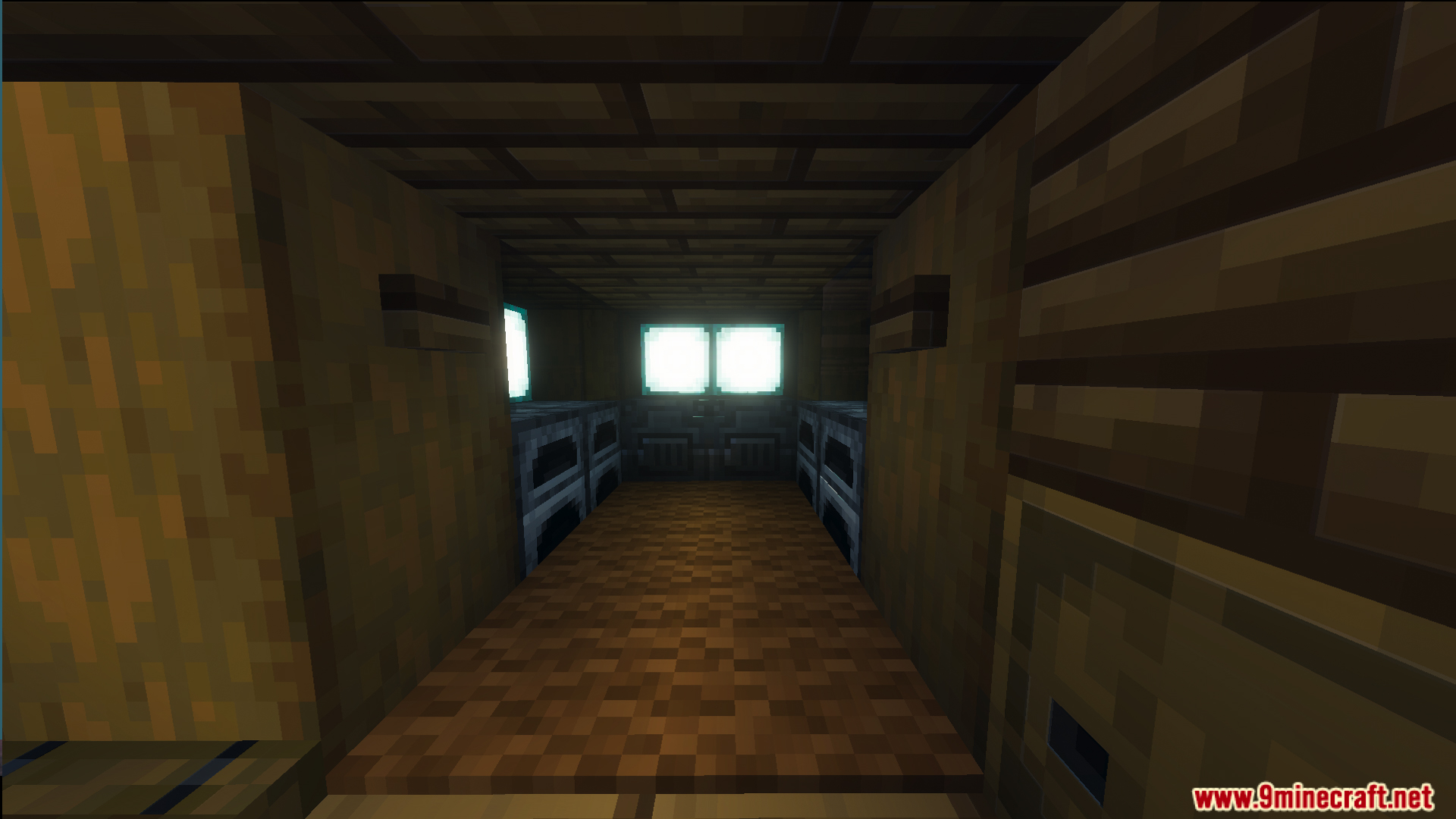 Dark wooden hallway with furnaces inside the Small Cliff House Map for Bedrock