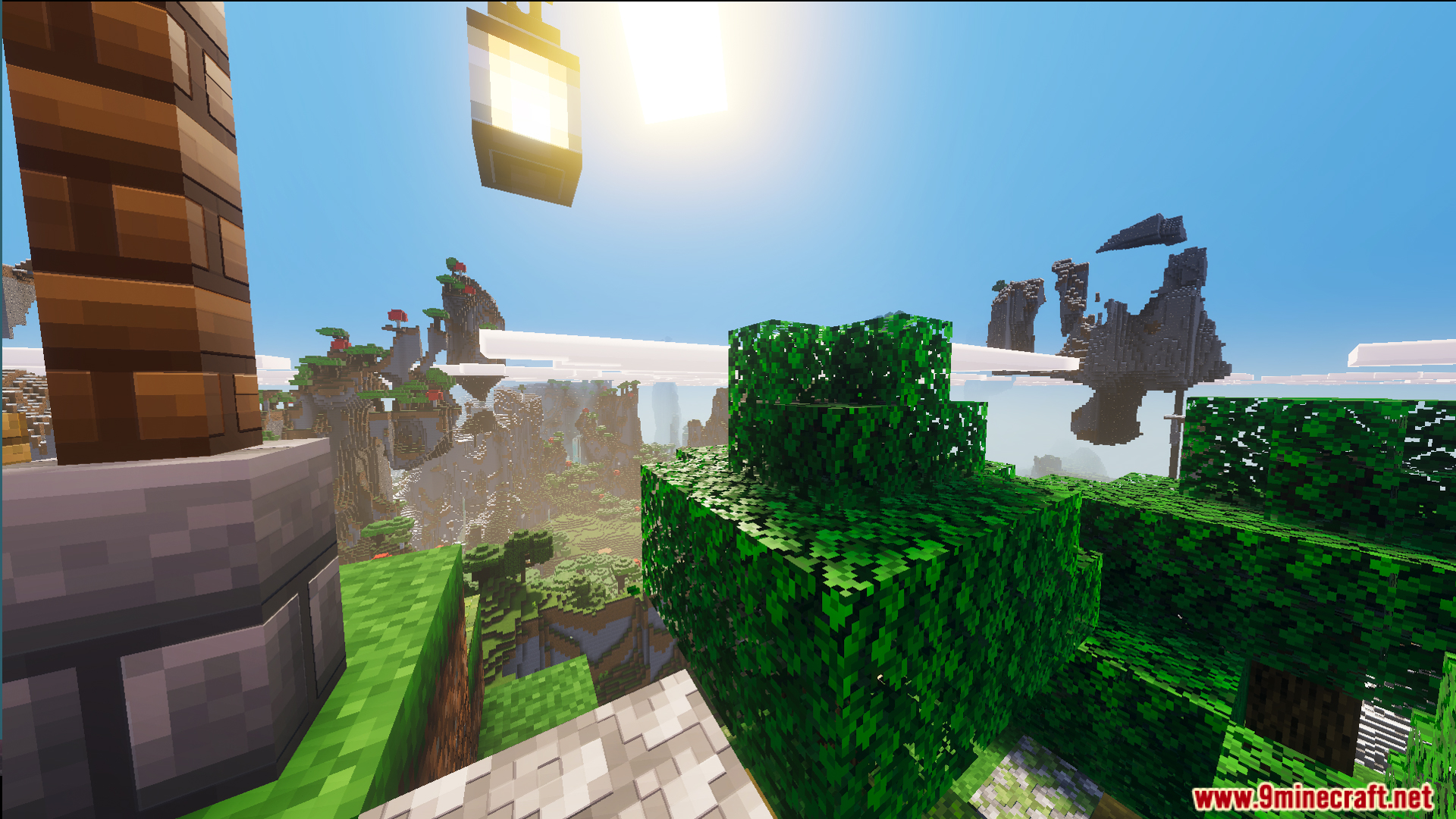 A hanging lantern illuminates a scenic mountain view with floating islands and trees