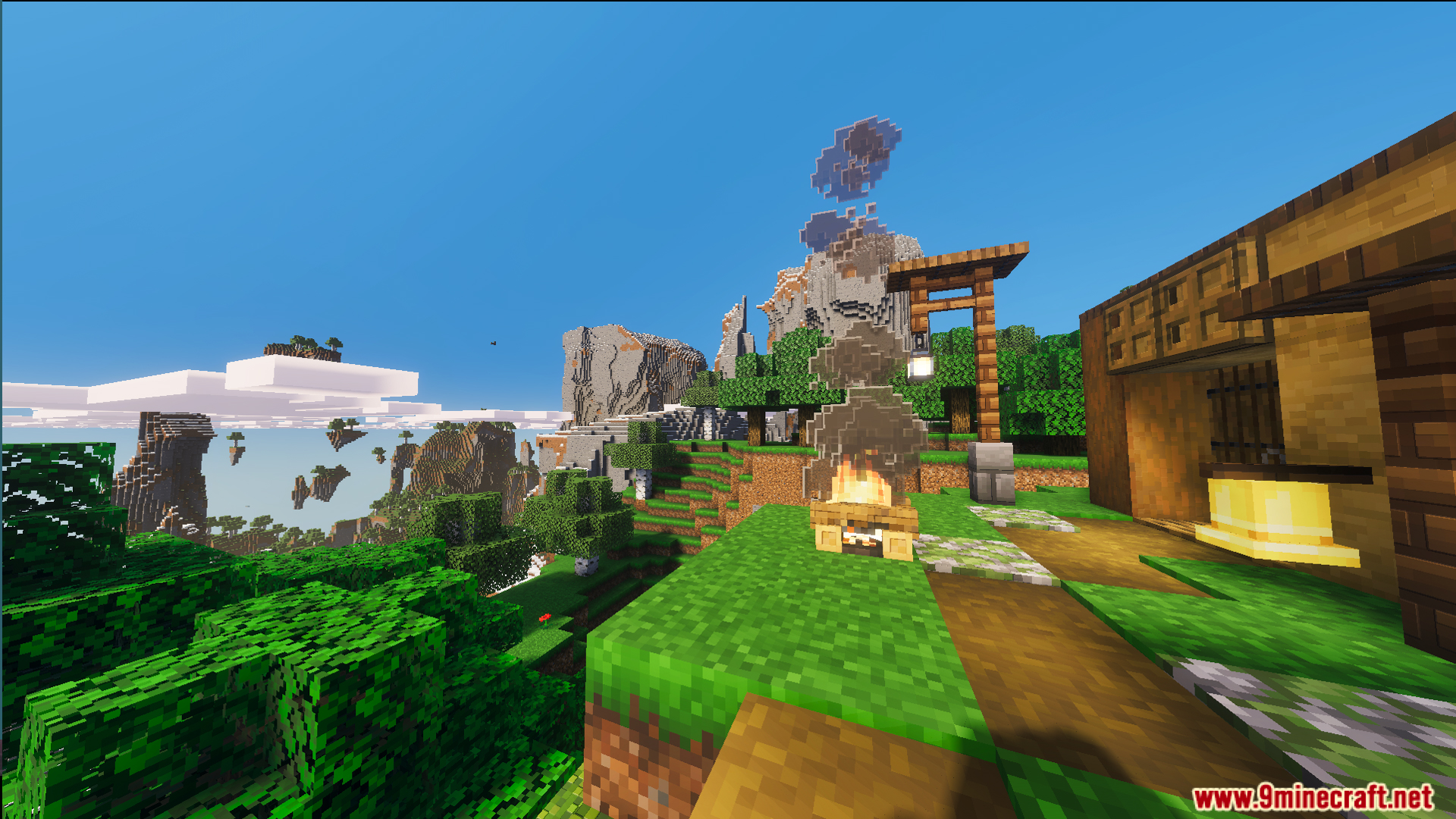 A campfire and a bell sit outside the Small Cliff House Map home