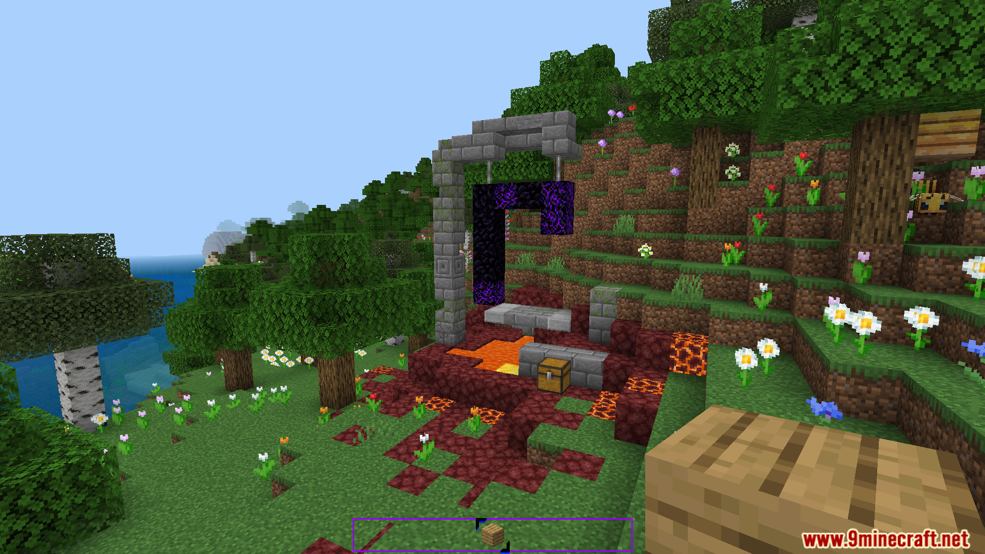 Minecraft Bedrock ruined portal structure in a grassy biome