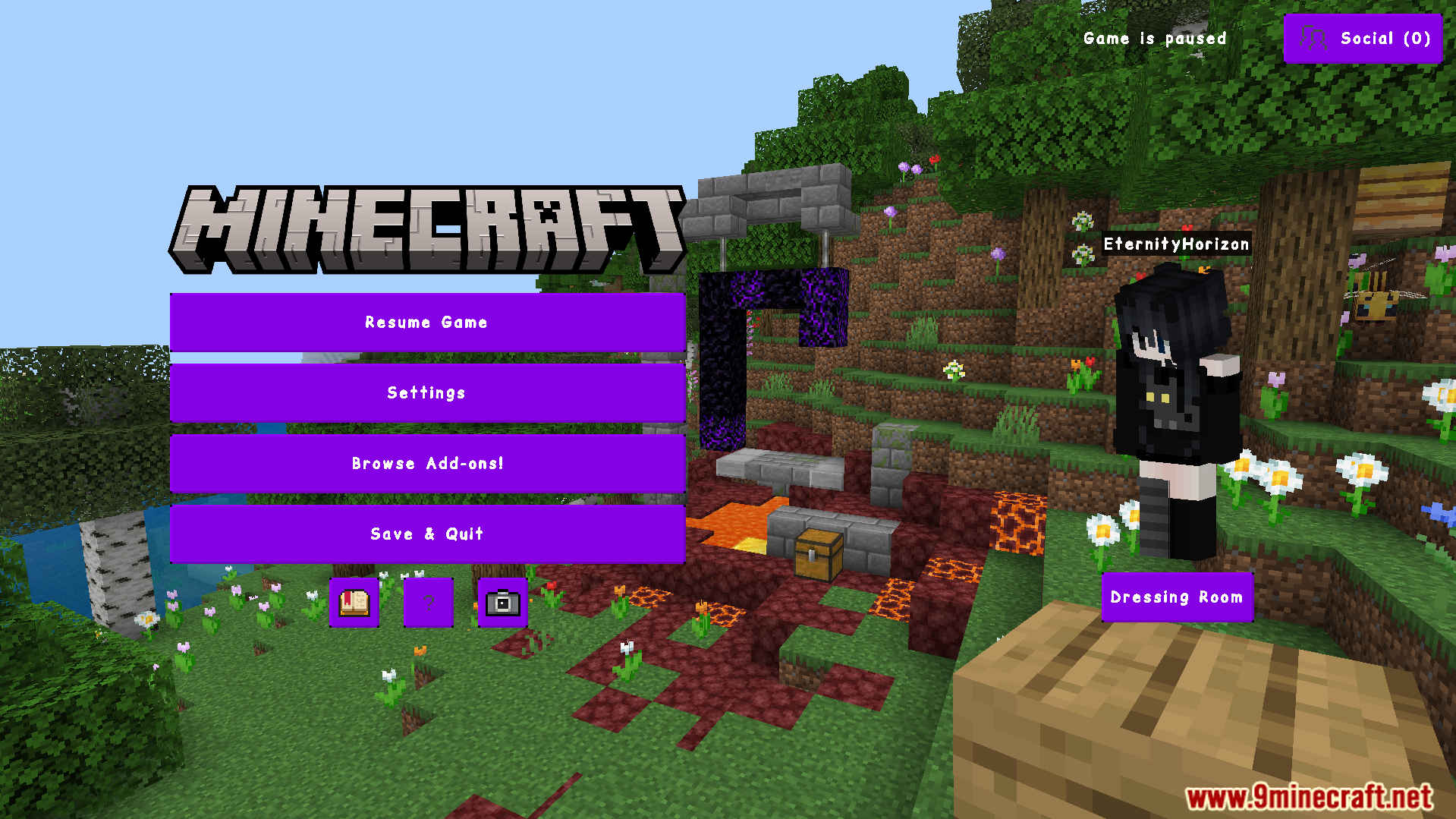 Purple themed pause menu with player character in Minecraft