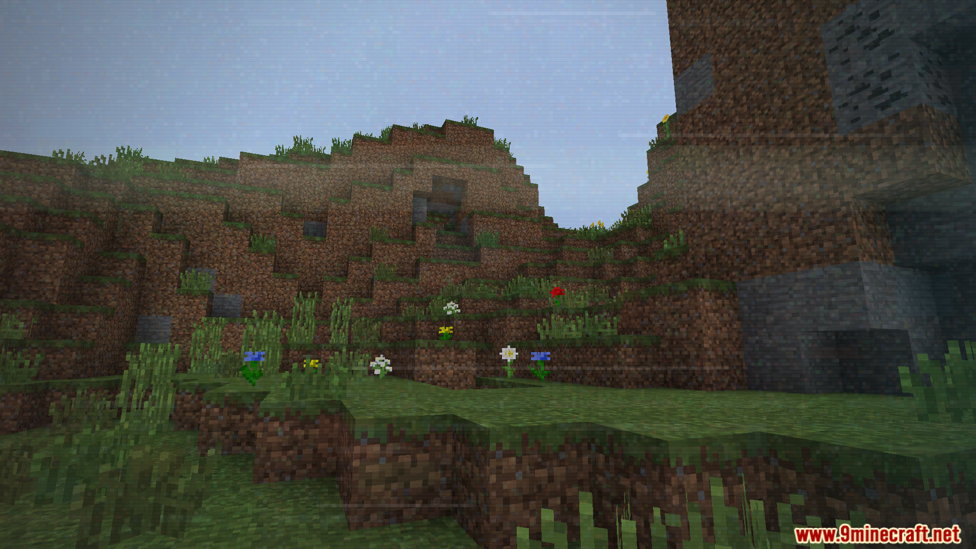 Some.sunny.day Addon Screenshot 1 Grassy minecraft landscape showing creepy visual static indicating slow game world corruption