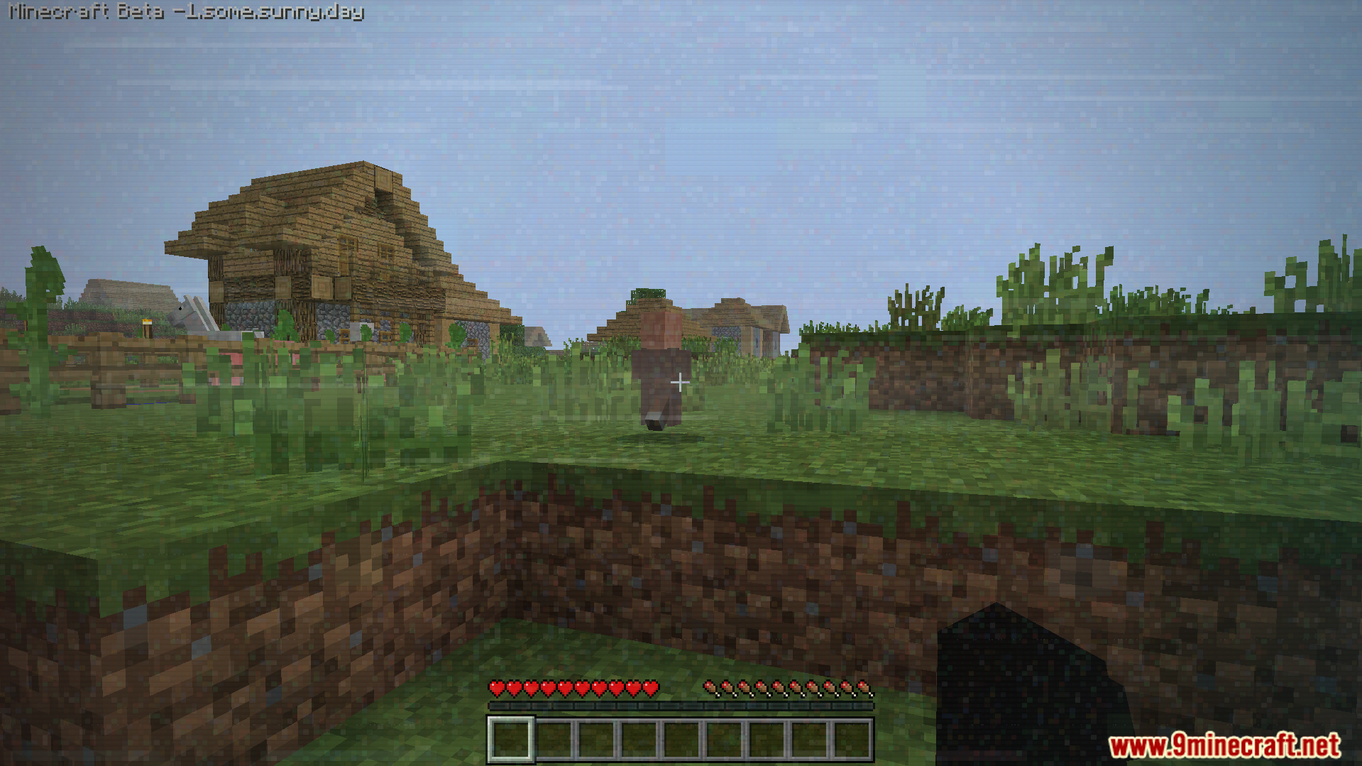 Some.sunny.day Addon Screenshot 4 Villager walks near houses as the game environment slowly corrupts over time