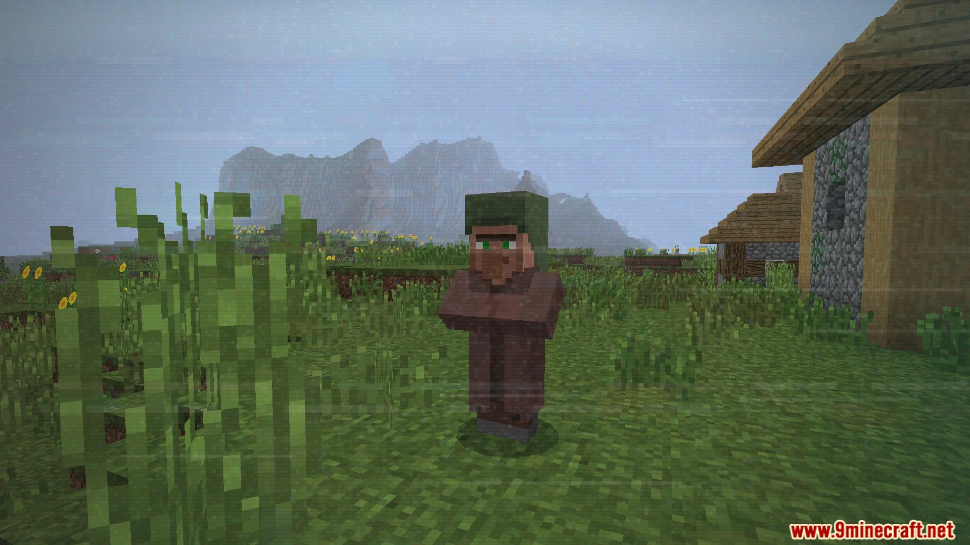 Some.sunny.day Addon Screenshot 5 Villager standing in grassy field near house in rain