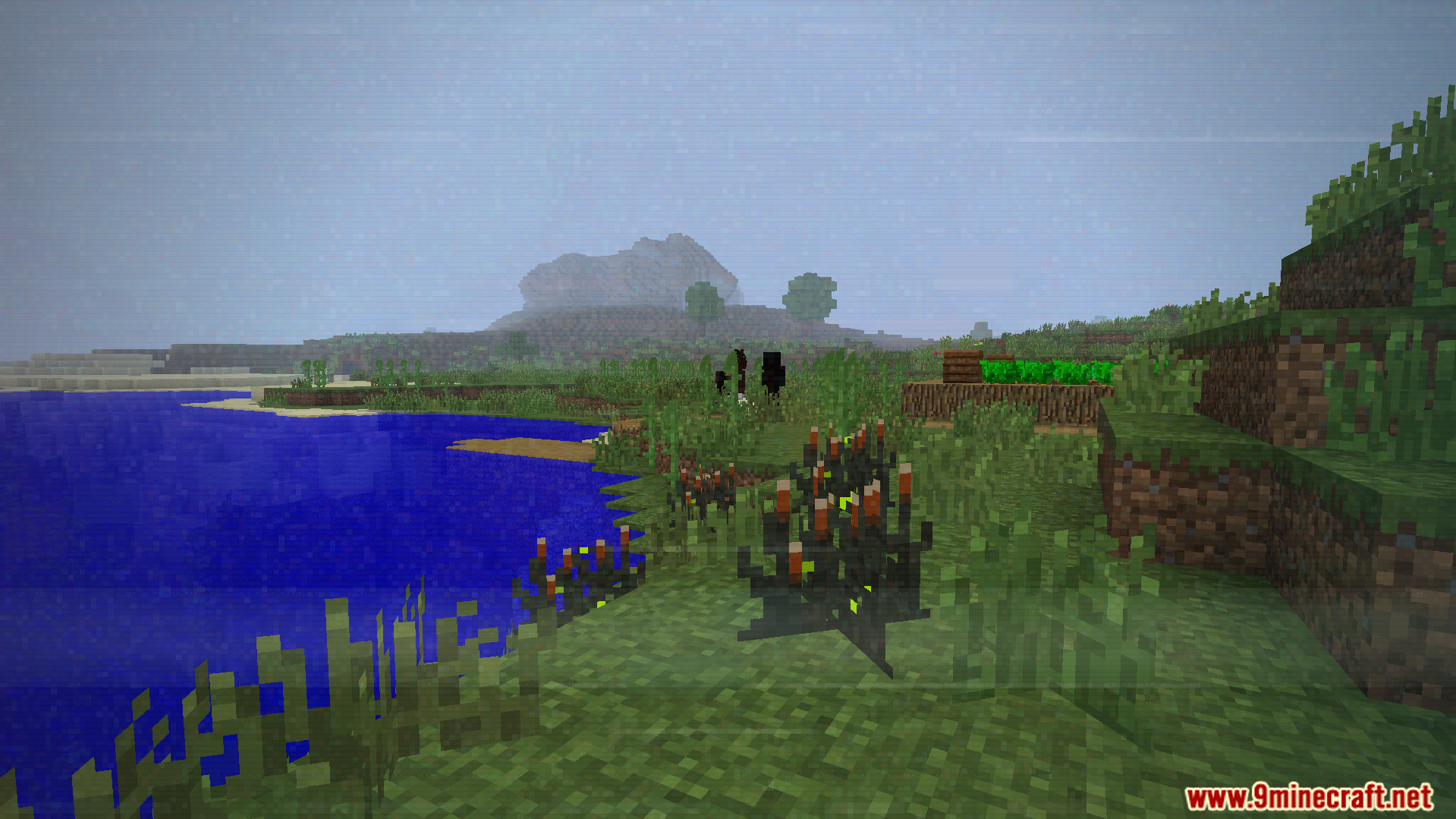 Some.sunny.day Addon Screenshot 7 creepy dark entity standing in a foggy corrupted landscape near water