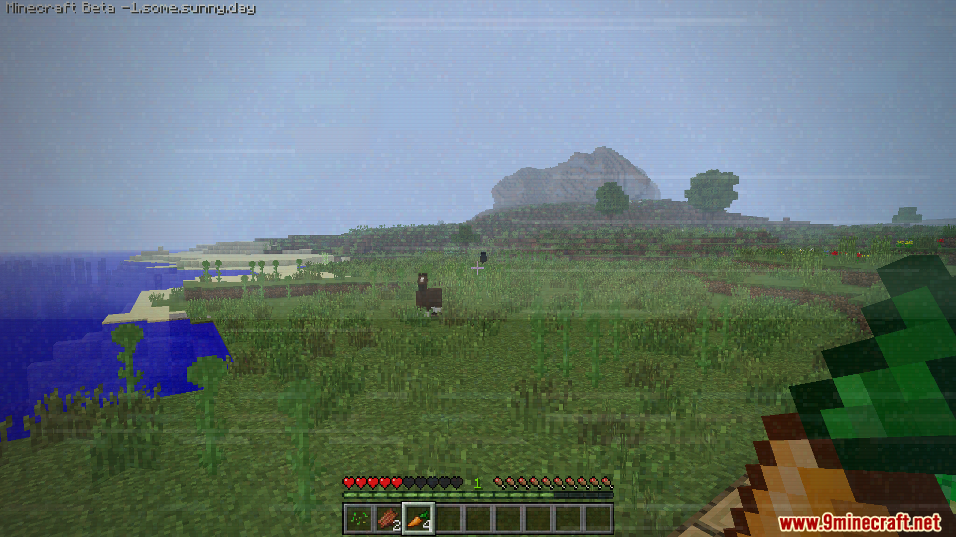 Some.sunny.day Addon Screenshot 9 Player holding a carrot looking at a dark figure in a grassy field