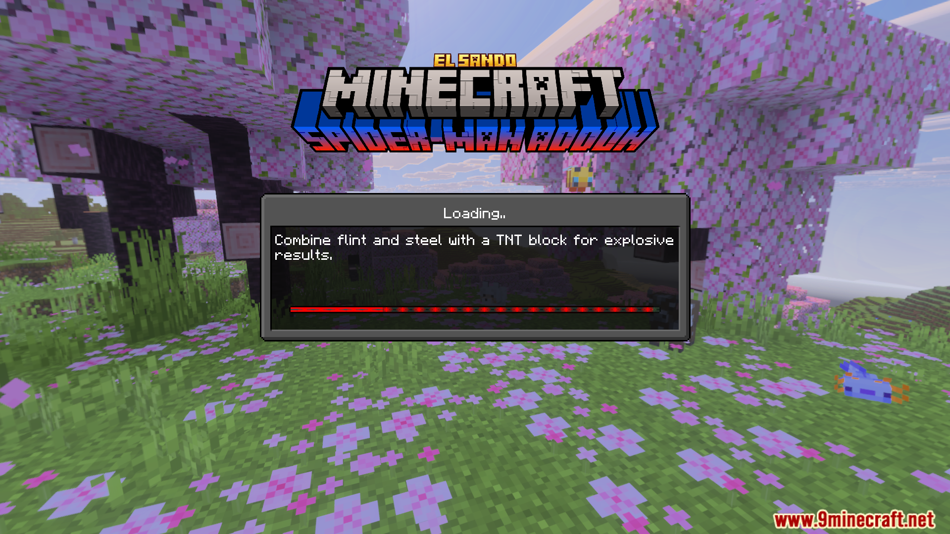 Spider Man Addon Screenshot 1 Loading screen for the Spider Man Addon with a cherry blossom biome background