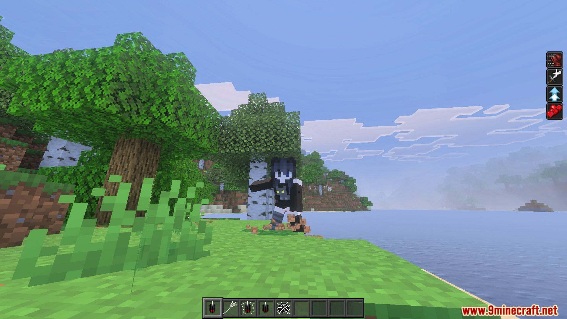 Spider Man Addon Screenshot 2 Character in a black spider suit exploring a forest biome near the ocean