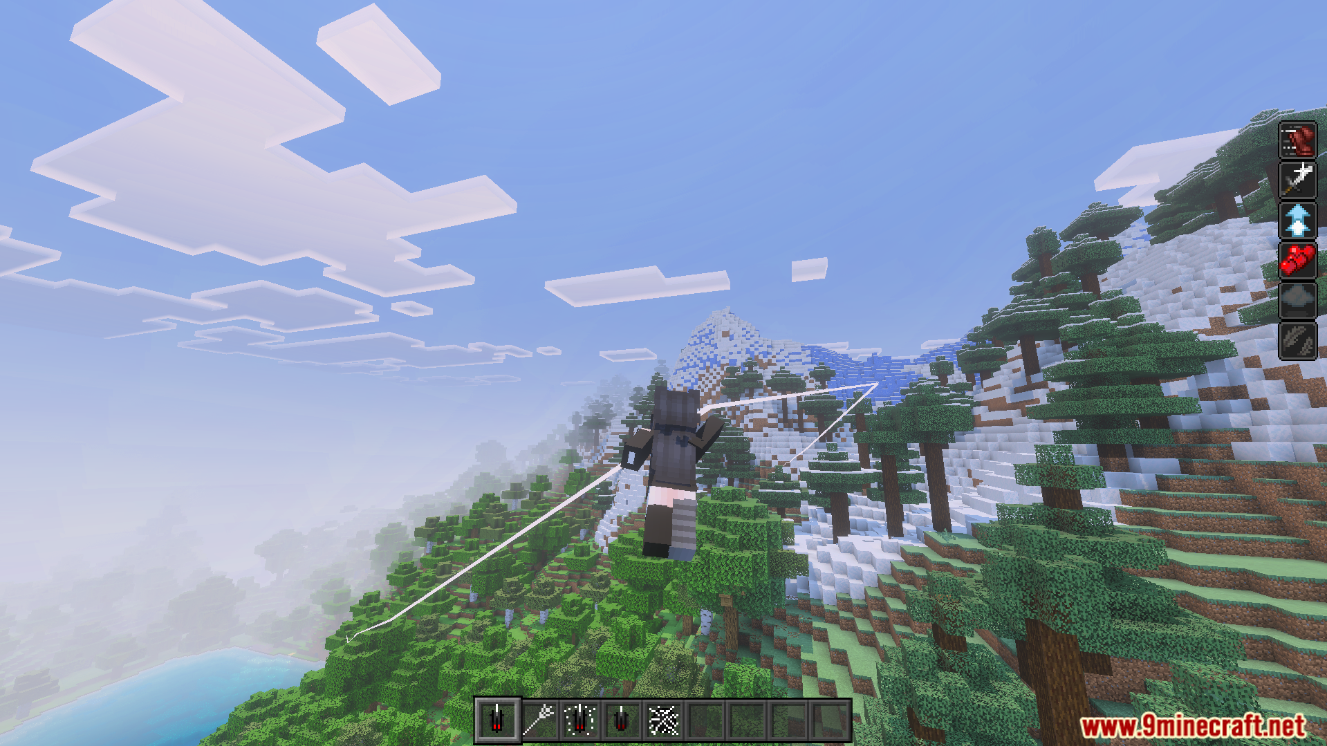 Spider Man Addon Screenshot 3 Spider Man Addon player swinging through a mountain biome with white web lines