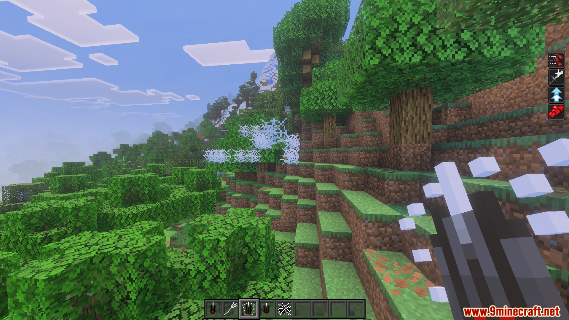 Spider Man Addon Screenshot 4 First person view of a player using web shooters to cover forest trees