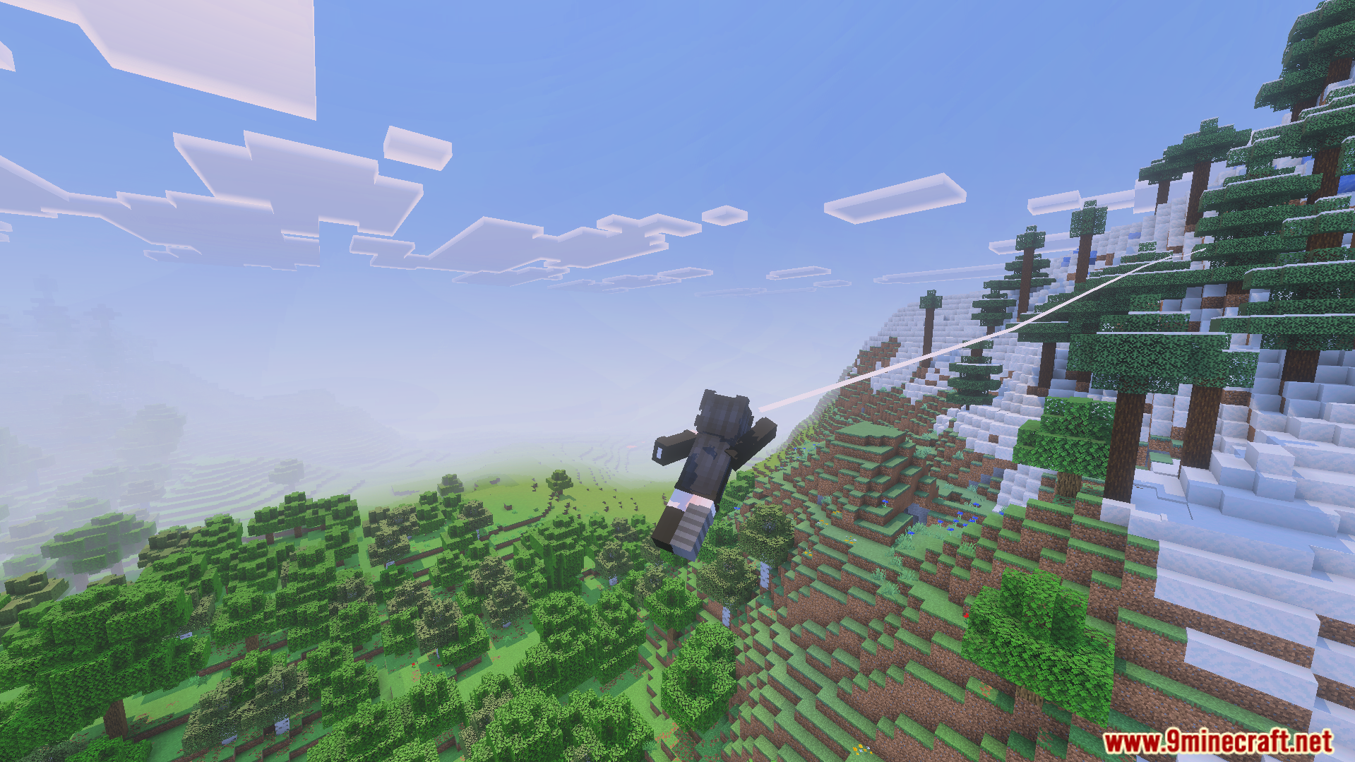 Spider Man Addon Screenshot 5 Player swings from a web line in the Spider Man Addon for Minecraft